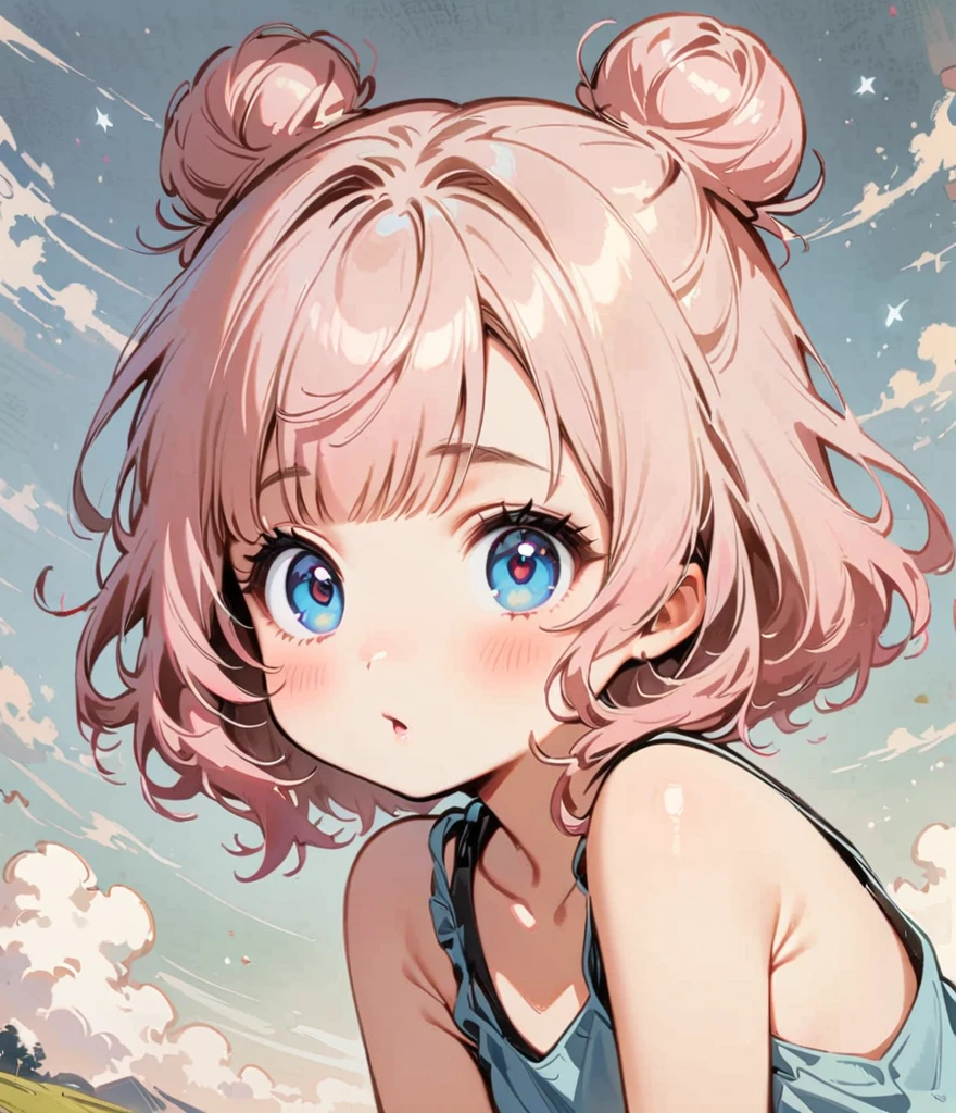 花にKissする、pale pink hair、Short hair with a bun、Cartoon style character design，1 Girl, alone，Big eyes，Cute expression，Tank top、interesting，interesting，Clean Lines