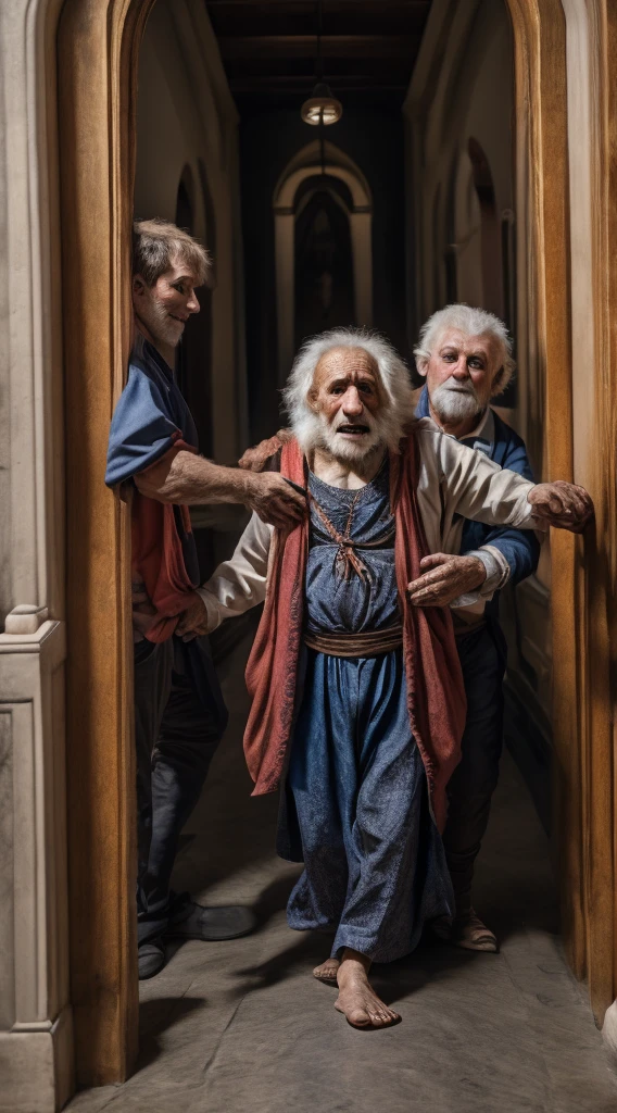 museum, from the photograph on the wall, a medieval girl emerges, her wardrobe is from the Renaissance era and she is already half out of the picture in the hall of the museum, to help an old man who has fallen in the corridor of the museum, she is helped by the other two (2) people from the photographs, it is obvious that the girl and two others help the old man because the girl has one leg in your photos.
Rich skin texture, ID photo, front view, chest up, medium shot, clean background, 8k, rich detail, real, high definition, extremely high quality, detailed detail, great detail, street background, detailed photo, high definition, detailed skin, detailed eyes, 8k UHD, high quality
