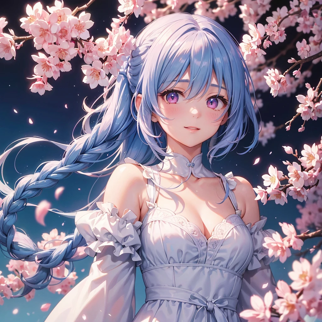(Sky blue medium hair),(Braided hair tied together)、Pink eyes、Fair skin、(whole body)、(One Girl)、、Sakura in spring、Cherry Blossoms at Night、A big smile、、(masterpiece、Highest quality、Very detailed、Best Shadow)、(Detailed Background)、(Beautifully detailed face)、High contrast、(Best lighting、Very delicate and beautiful)、((Cinematic Light))、colorful、Hyper Detail、Dramatic Light、Exquisite detail、