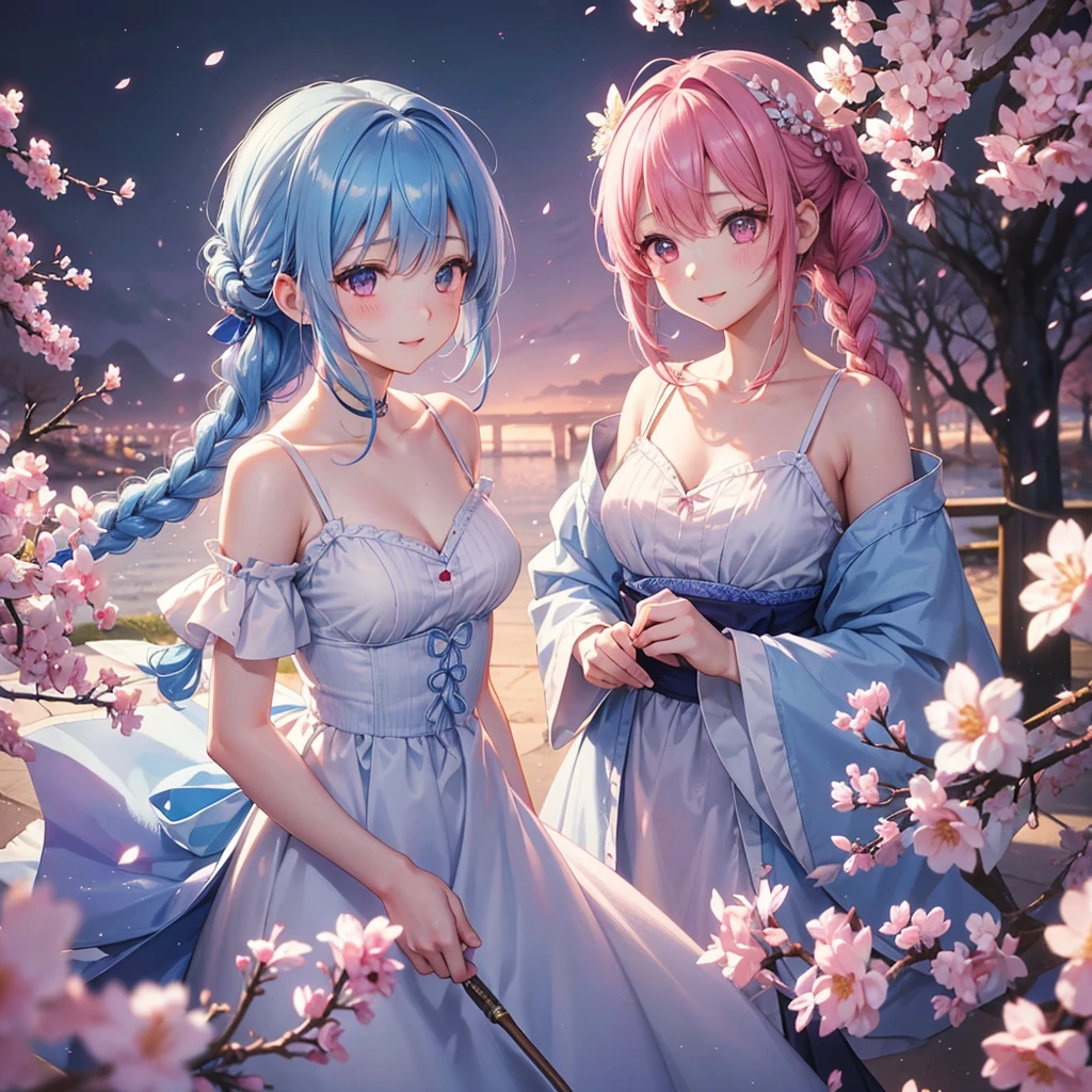 (Sky blue medium hair),(Braided hair tied together)、Pink eyes、Fair skin、(whole body)、(One Girl)、、Sakura in spring、Cherry Blossoms at Night、A big smile、、(masterpiece、Highest quality、Very detailed、Best Shadow)、(Detailed Background)、(Beautifully detailed face)、High contrast、(Best lighting、Very delicate and beautiful)、((Cinematic Light))、colorful、Hyper Detail、Dramatic Light、Exquisite detail、