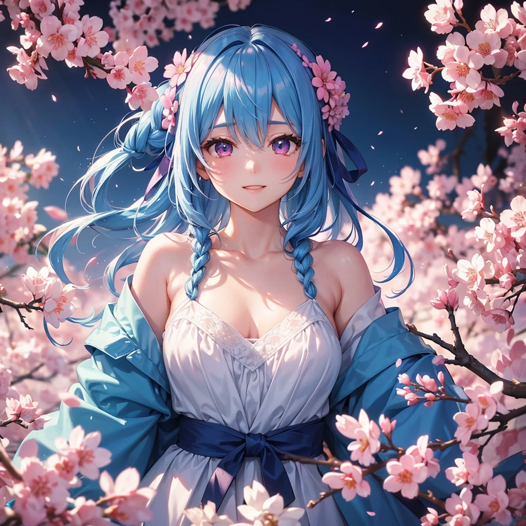 (Sky blue medium hair),(Braided hair tied together)、Pink eyes、Fair skin、(whole body)、(One Girl)、、Sakura in spring、Cherry Blossoms at Night、A big smile、、(masterpiece、Highest quality、Very detailed、Best Shadow)、(Detailed Background)、(Beautifully detailed face)、High contrast、(Best lighting、Very delicate and beautiful)、((Cinematic Light))、colorful、Hyper Detail、Dramatic Light、Exquisite detail、