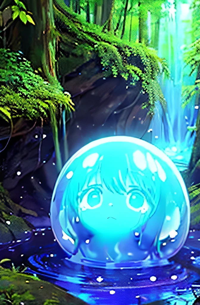In the woods、A young girl is completely engulfed in blue slime except for her head.。Slime is translucent、The body of the girl being absorbed is not visible.、Only the head is visible。Are crying。