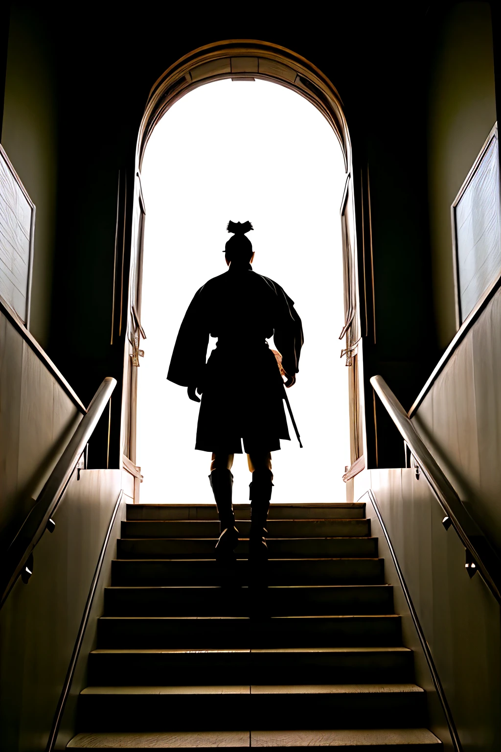 silhouette of male Samurai warrior in black walking upward on a staircase in the garden