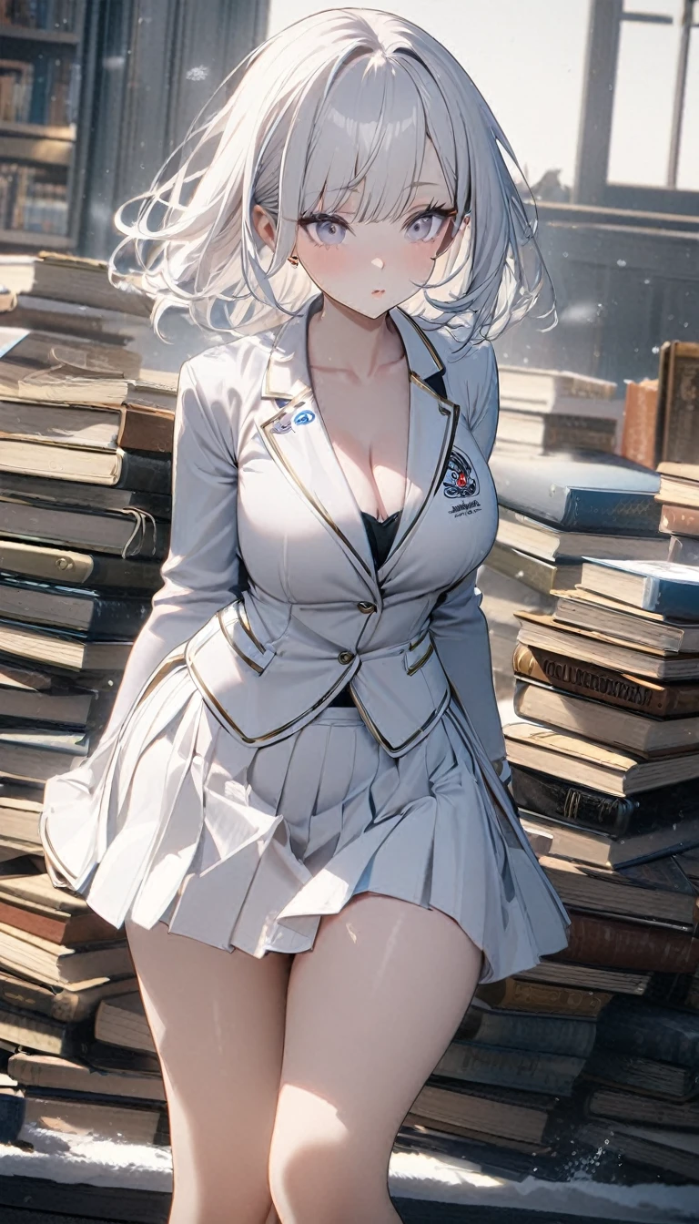 1girl,albino,snow white hair,white eyes,,white blazer with logo ,white skirt,perfect body,curvy, books,calm,white beanie,blue earrings,8k,high definition ,