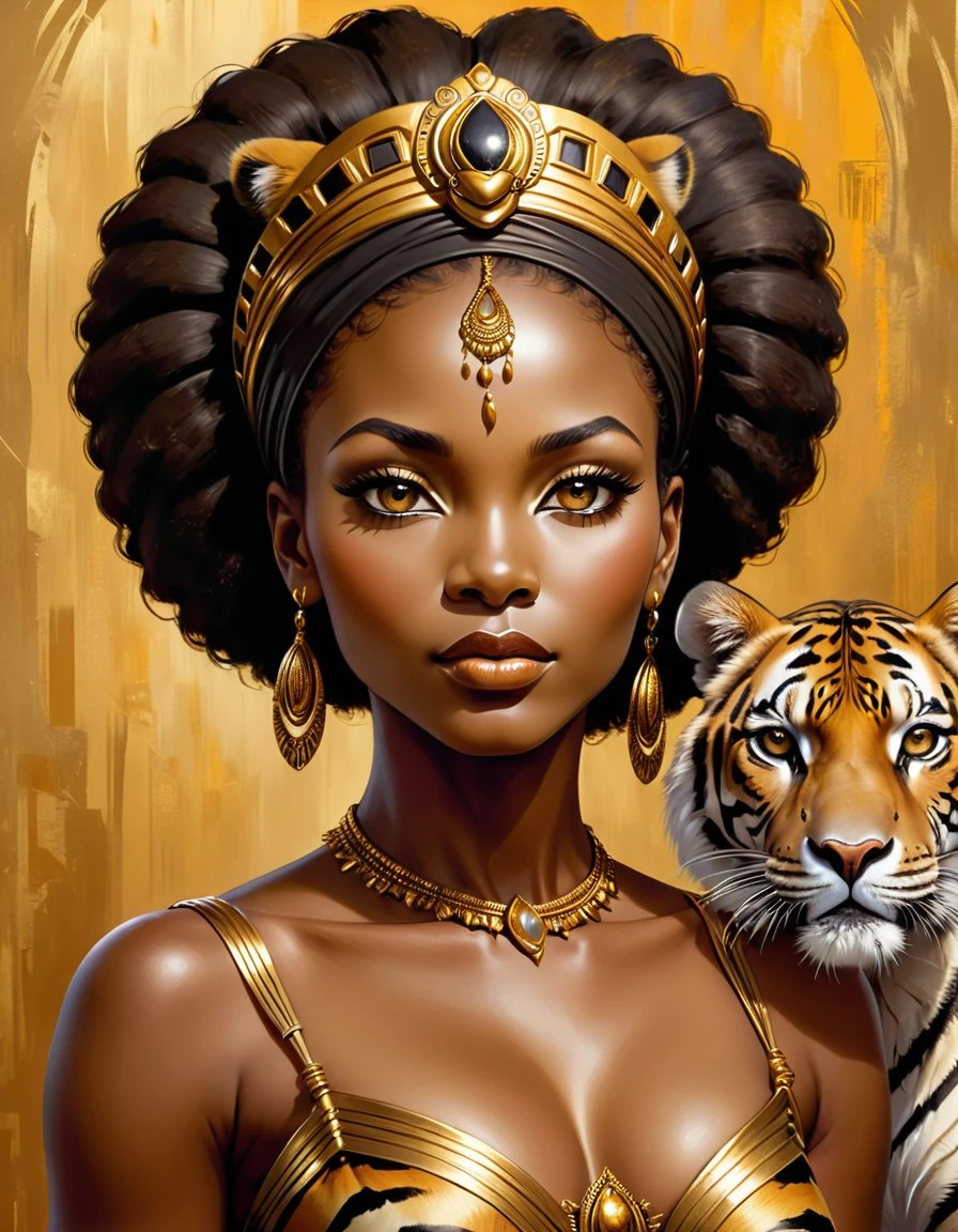 an image of an african woman with a tiger in front of a gold background, stunning african princess, african queen, afrocentric mysticism, dark skin female goddess of love, black woman, black art, gorgeous goddess of leo, queen of the jungle, african princess, black african princess, the smooth black lioness, stunning artwork, a stunning portrait of a goddess, african woman, by Eugene Montgomery, gorgeous digital painting, african, digital painting art, beautiful gorgeous digital art, stunning art