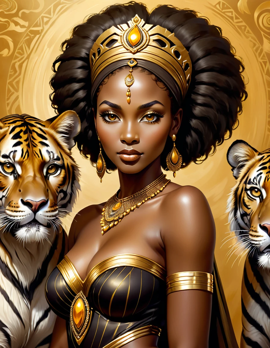 an image of an african woman with a tiger in front of a gold background, stunning african princess, african queen, afrocentric mysticism, dark skin female goddess of love, black woman, black art, gorgeous goddess of leo, queen of the jungle, african princess, black african princess, the smooth black lioness, stunning artwork, a stunning portrait of a goddess, african woman, by Eugene Montgomery, gorgeous digital painting, african, digital painting art, beautiful gorgeous digital art, stunning art