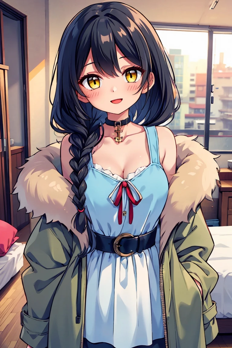 (masterpiece:1.2), (high quality:1.2), (hui xiyi:0.7), rekkyo sensen, rekkyou sensen, girls with((1girl, solo, black hair, yellow eyes, (wavy medium hair, braids:1.3), blush, breasts, choker, cleavage, coat, cowboy shot, blue dress, ribbon waist belt, collar, collarbone, rosary, rosary choker, cross, fur, fur trim, parka, khaki hoodie, green hoodie, hood down, hooded coat, hooded jacket, hoodie, jacket, large breasts, long sleeves, medium breasts, open clothes, open coat,open hoodie, sleeveless, winter clothes, zipper, cleavage, upper body, hand up, waving, palm)), background with((bedroom, room:2.0))