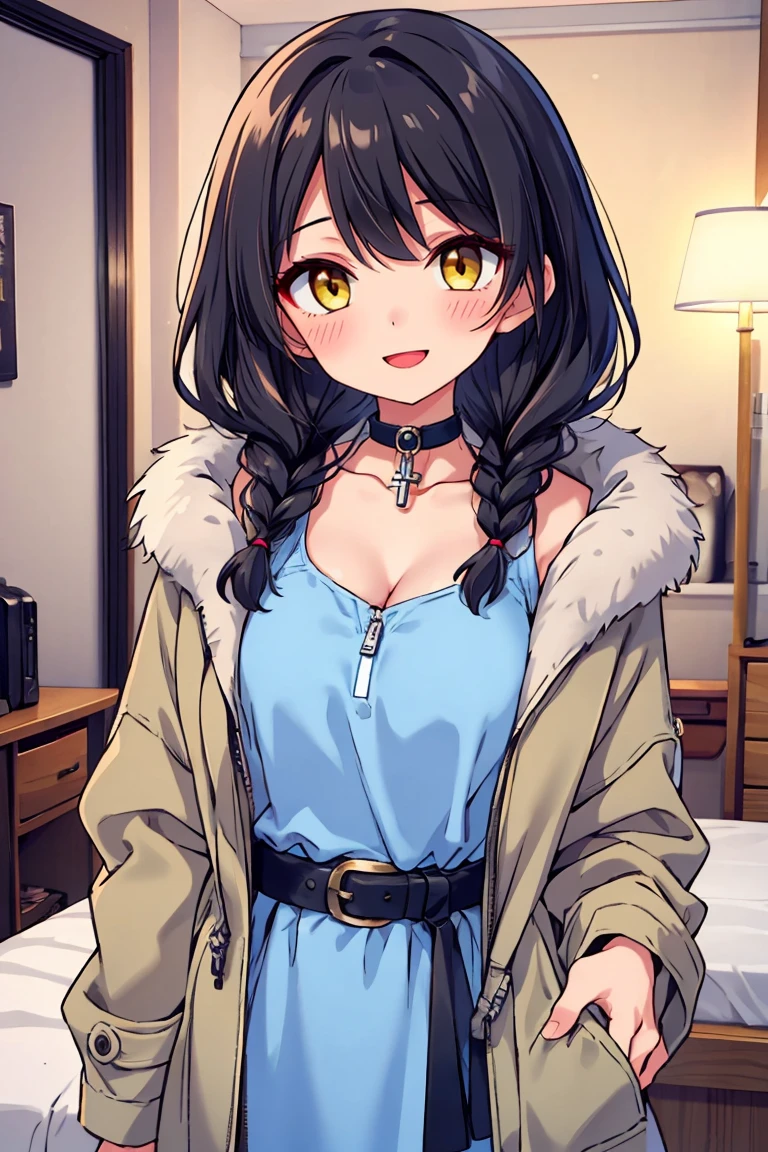 (masterpiece:1.2), (high quality:1.2), (hui xiyi:0.7), rekkyo sensen, rekkyou sensen, girls with((1girl, solo, black hair, yellow eyes, (wavy medium hair, braids:1.3), blush, breasts, choker, cleavage, coat, cowboy shot, blue dress, ribbon waist belt, collar, collarbone, rosary, rosary choker, cross, fur, fur trim, parka, khaki hoodie, green hoodie, hood down, hooded coat, hooded jacket, hoodie, jacket, large breasts, long sleeves, medium breasts, open clothes, open coat,open hoodie, sleeveless, winter clothes, zipper, cleavage, upper body, hand up, waving, palm)), background with((bedroom, room:2.0))