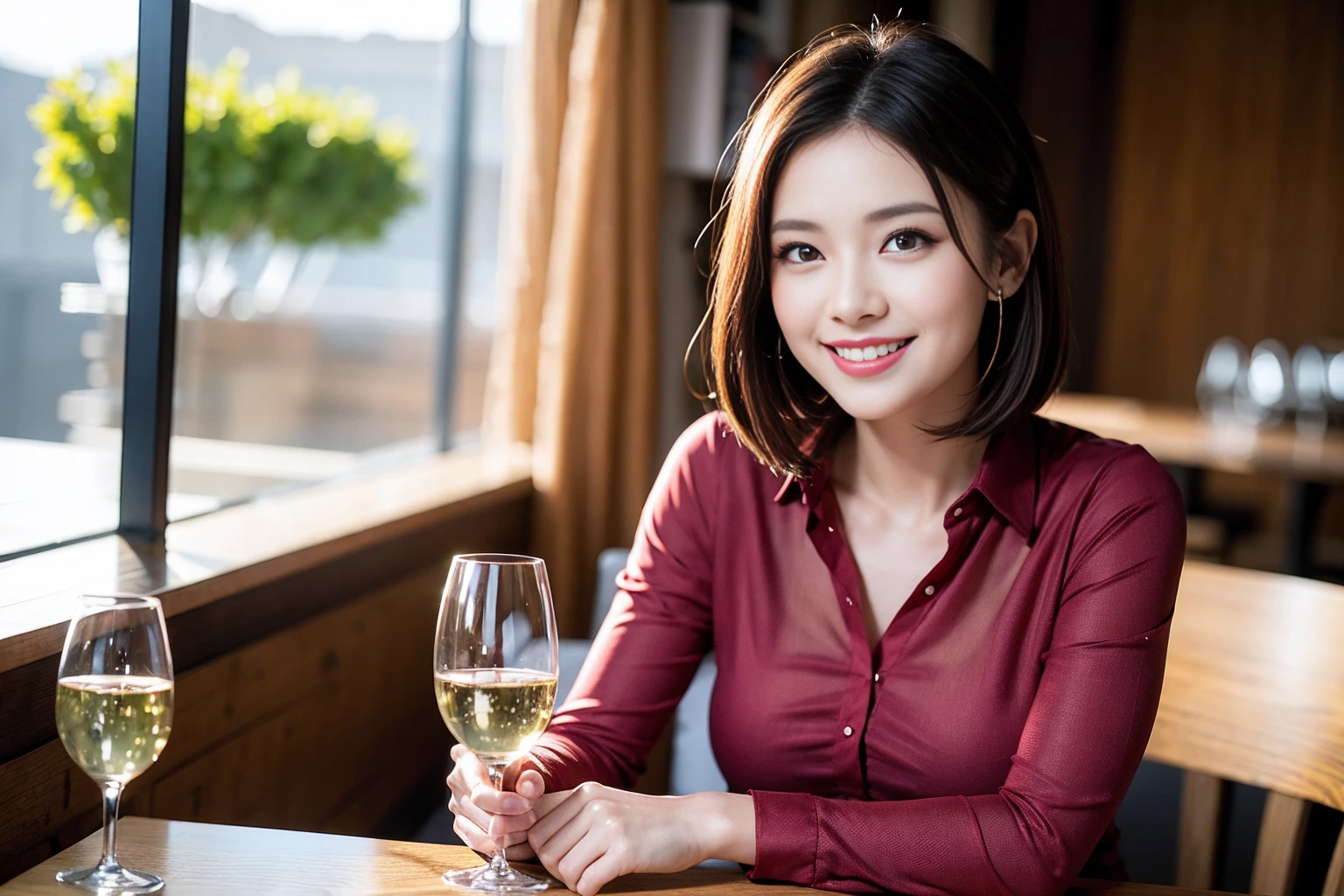 ((Highest quality、8K、masterpiece:1.3))、Shortcuts、cute、slimカップル、modelカップル、actress男優、(Realistic, Intricate details:1.2), full-course dinner、Wine Party、Amazing view of the sunset sky and clouds、A bright smile、short hair,Bright Face、 (Age 45), 42 years old, red wine 、Appetizers、Italian food、Wine bottle、Champagne、sparkling wine、Two beauties、Brown Hair、Shortcuts、Long sleeve shirt、dress、Beautiful woman 1, (slimな顔), (The body is slim), (Brown Hair), (Shortcuts), cheeks turn a little red,Attractive beauty、restaurant, In a prominent place (From the waist up) Nova Frog Style, actress, model, Upper Body, White wine, slim, wine glass, 中央に置かれたwine glass, smile, (smile: 1.15), Beautiful fine grain, Depth f/2,saturation, High Contrast, Strong light and shadow,Moist Body:1.5、3D texture、Delicate eyes、Brown Hair、The hair is very shiny、