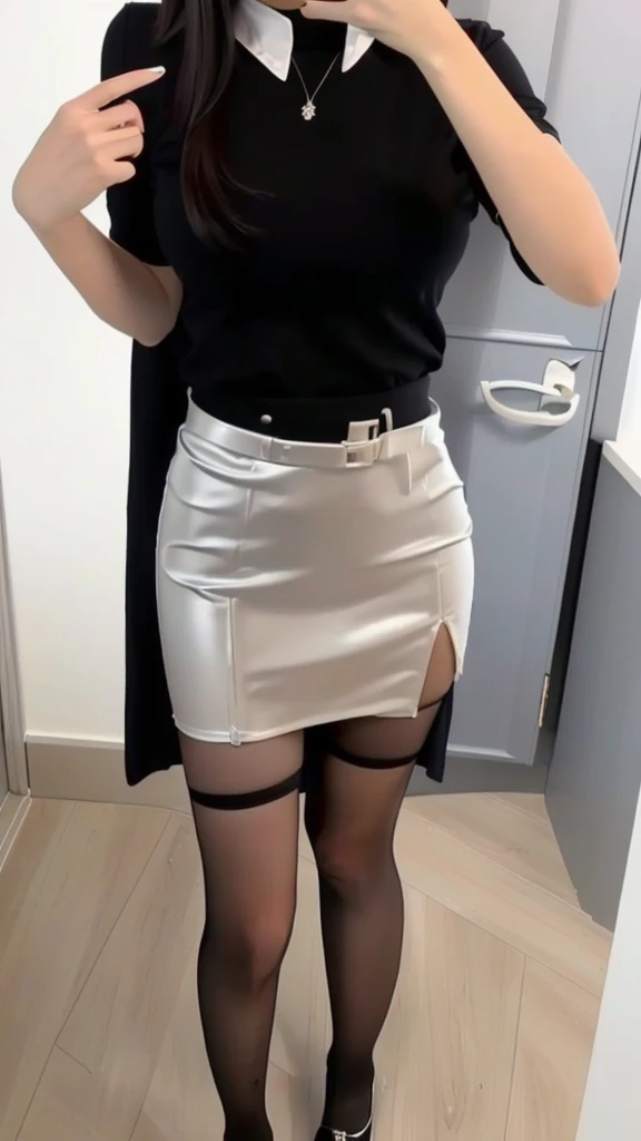 A woman in a skirt and white shirt is taking a selfie, wear tight, simple clothes, very Sexy Costumes, Wearing a skirt, beautiful Short skirt, Knee socks and skirt, Sexy Costumes, mini skirt, Short skirt, Sexy Dress, Tight clothing, Sexy Looks, Tight fit, Interesting outfits, wearing honey - themed mini skirt, mini skirt, mini skirt