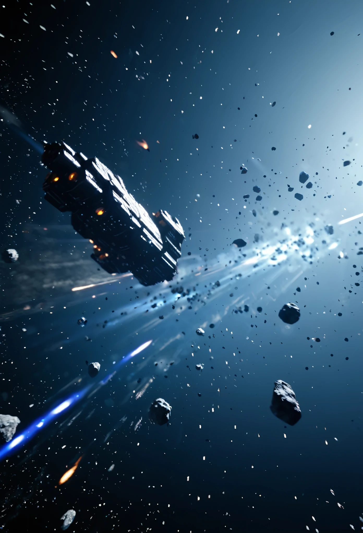 Spaceship flying outer space moving past floating asteroids, unknown planet in background, stars shining beautifully, sci-fi scene, ultra HD, unreal engine rendered, octane 3d rendering, cinematic lighting 