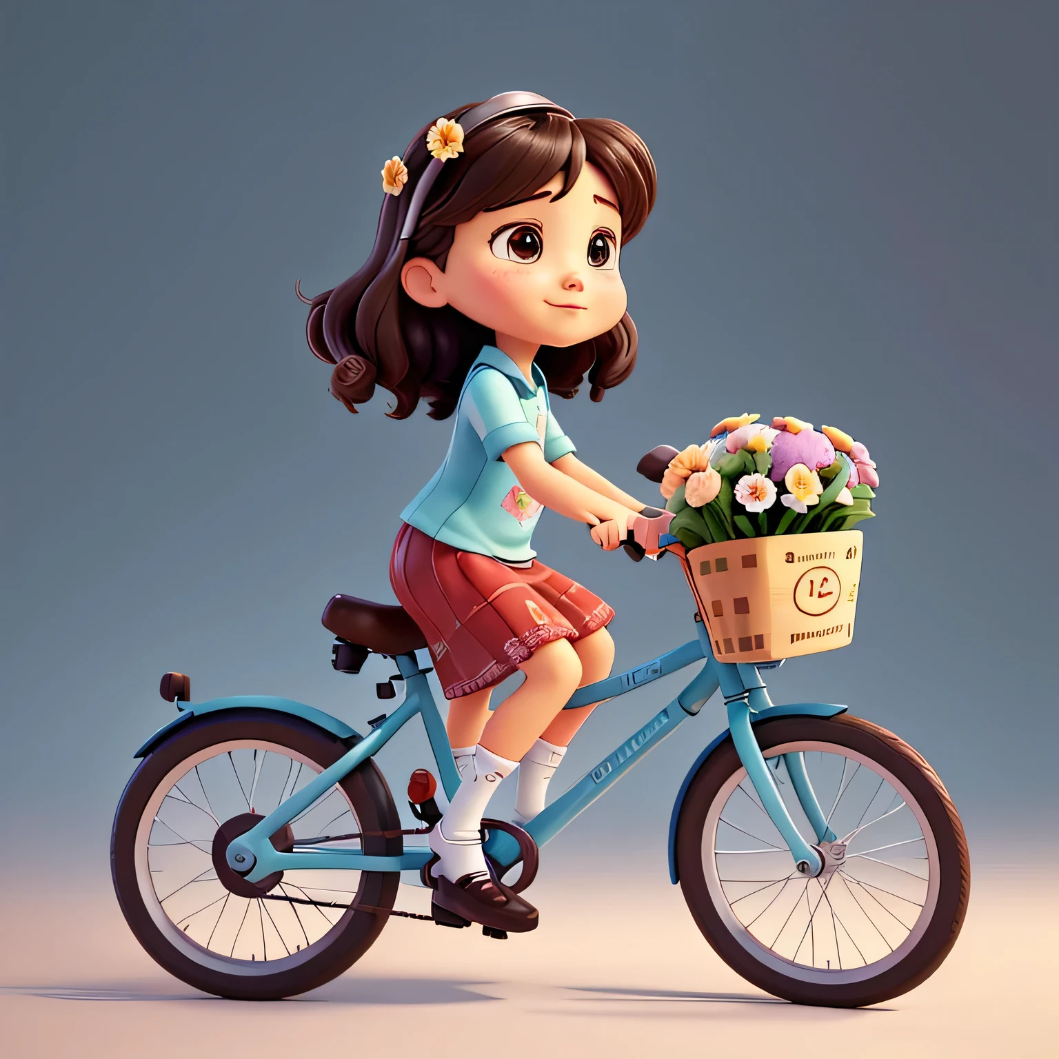There is a girl riding a bicycle，holding a bouquet of flowers in hand, Digital paintings by Qu Leilei, tumblr, Digital art, Cute cartoon character, cute Digital art,  Cute cartoon, Cartoon cute, Popular topics on cgstation, cute detailed Digital art, Lovely art style, cute and beautiful, Lovely digital painting, Cute and cute