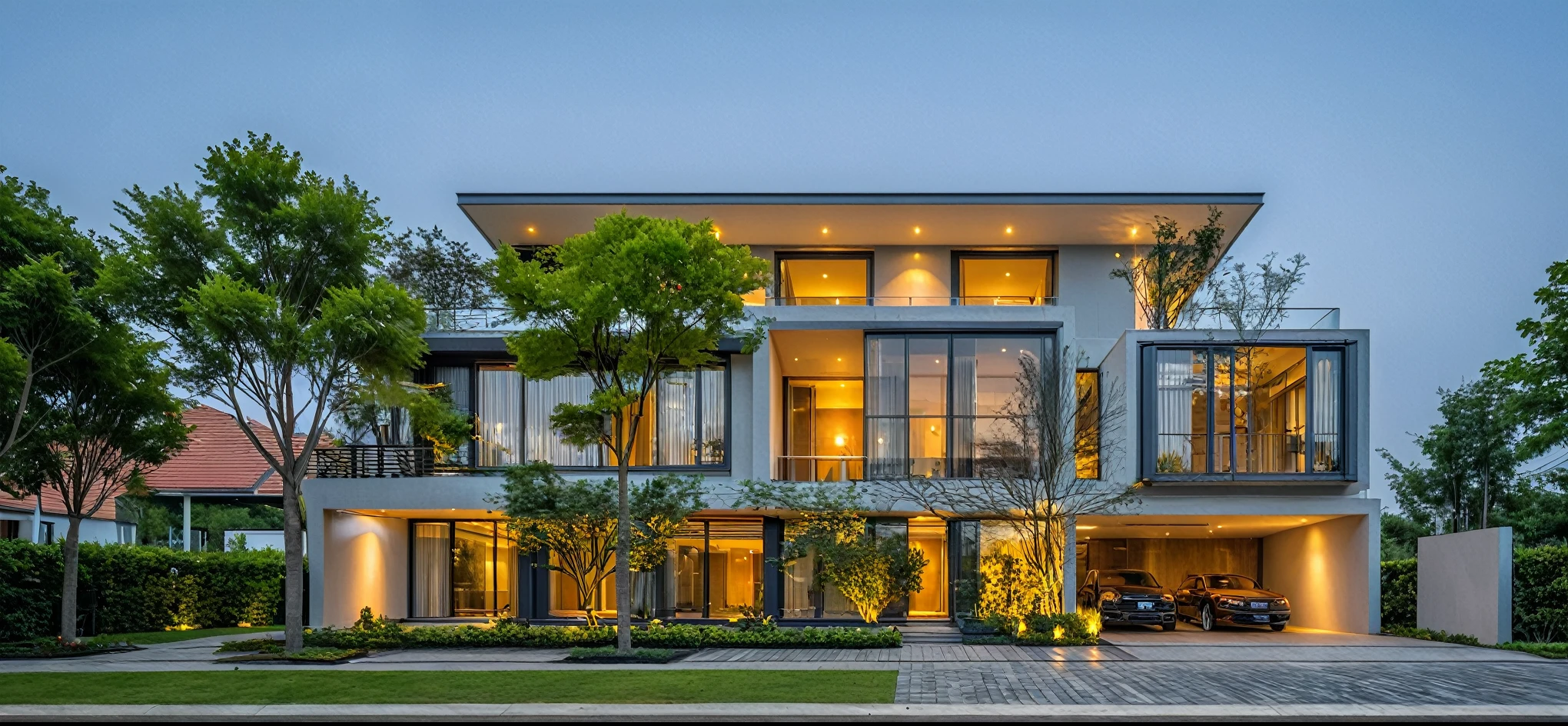 Real pictures of houses with balconies and balconies, idea houses, architectural ideas, architectural drawings, house designs, real pictures, daylight, beautiful plants, gray aluminum glass doors , interior lighting, spot light, 8k.
