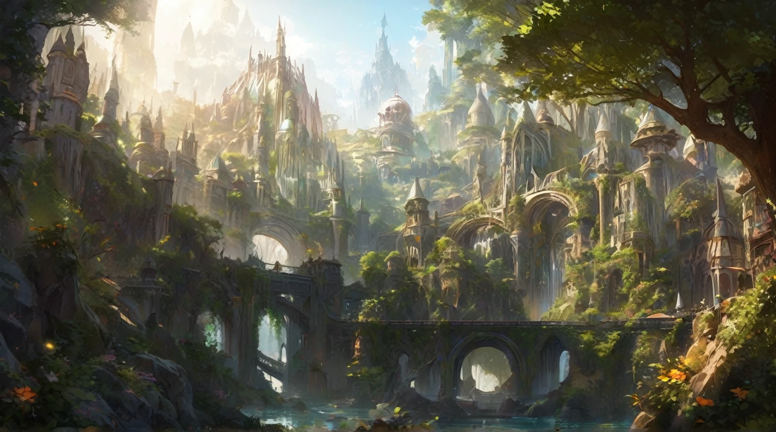 Create a stunning, high-quality Futuristic Elven City with Elven Architechture image that captures the beauty and majesty of nature. Metropolish, lot of Elven Building, The image should include vivid colors, intricate details, and a sense of tranquility, making it perfect for showcasing the splendor of the natural world. Masterpiece, High Quality