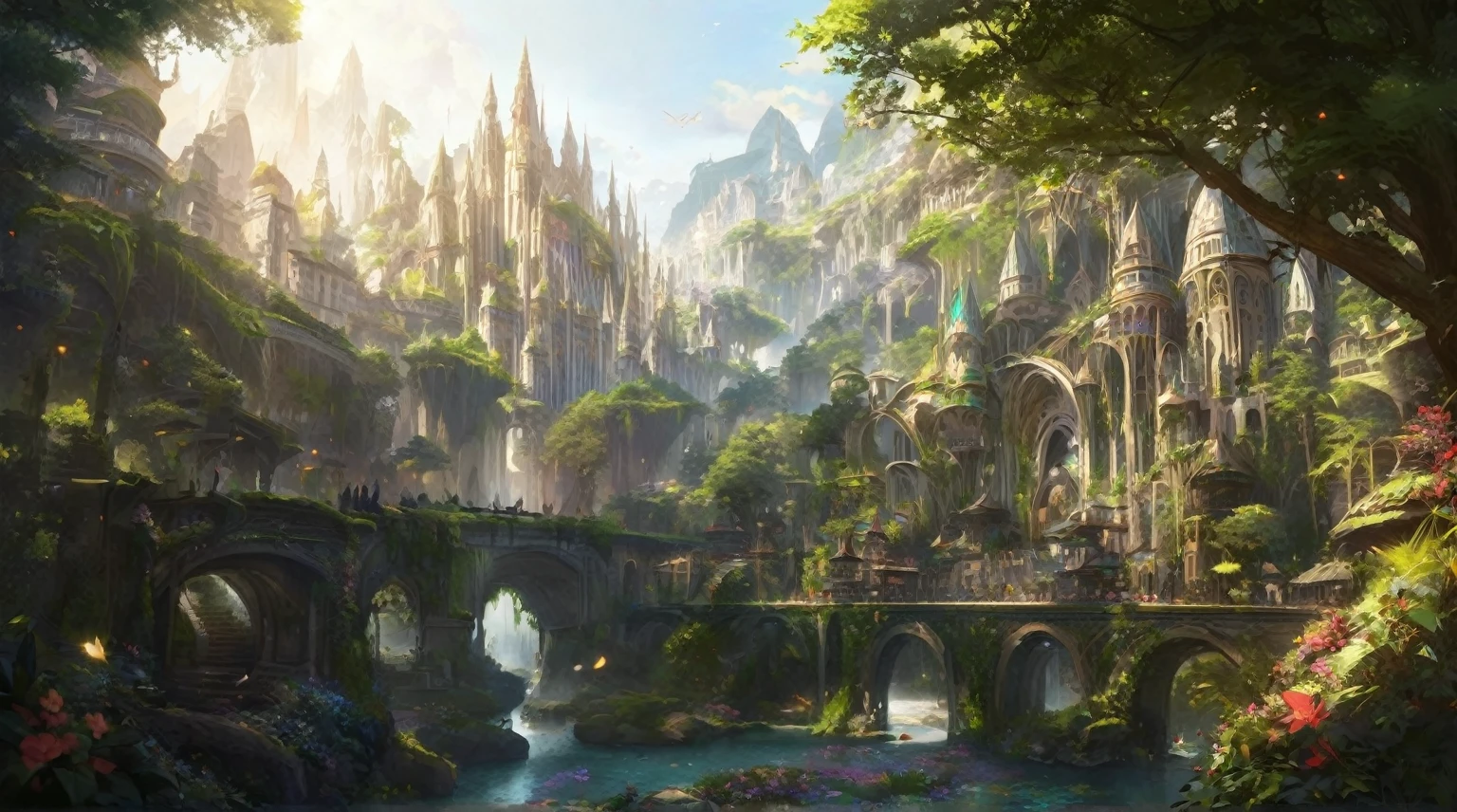 Create a stunning, high-quality Futuristic Elven City with Elven Architechture image that captures the beauty and majesty of nature. Metropolish, lot of Elven Building, The image should include vivid colors, intricate details, and a sense of tranquility, making it perfect for showcasing the splendor of the natural world. Masterpiece, High Quality