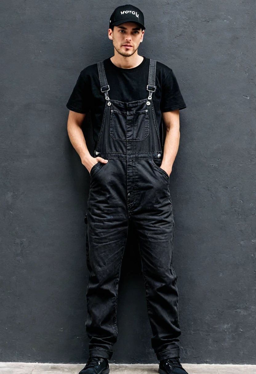 guy wearing work overalls and black cap , full body , leaning on the wall , black tshirt , one hand behind his neck