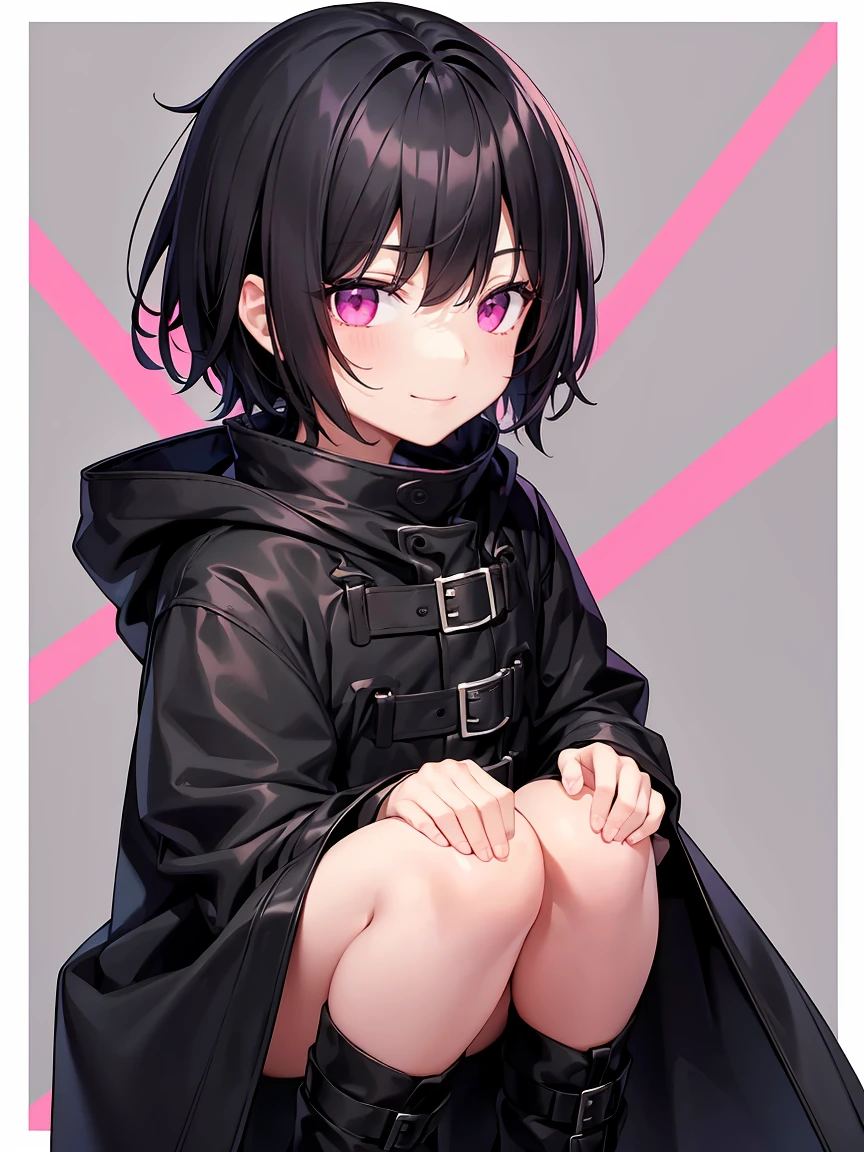 Short black hair、Pink eyes、Shota、male:1.5、solo、jet black duffle coat、Black clothing、Wicked Smile、Black trousers、cool
