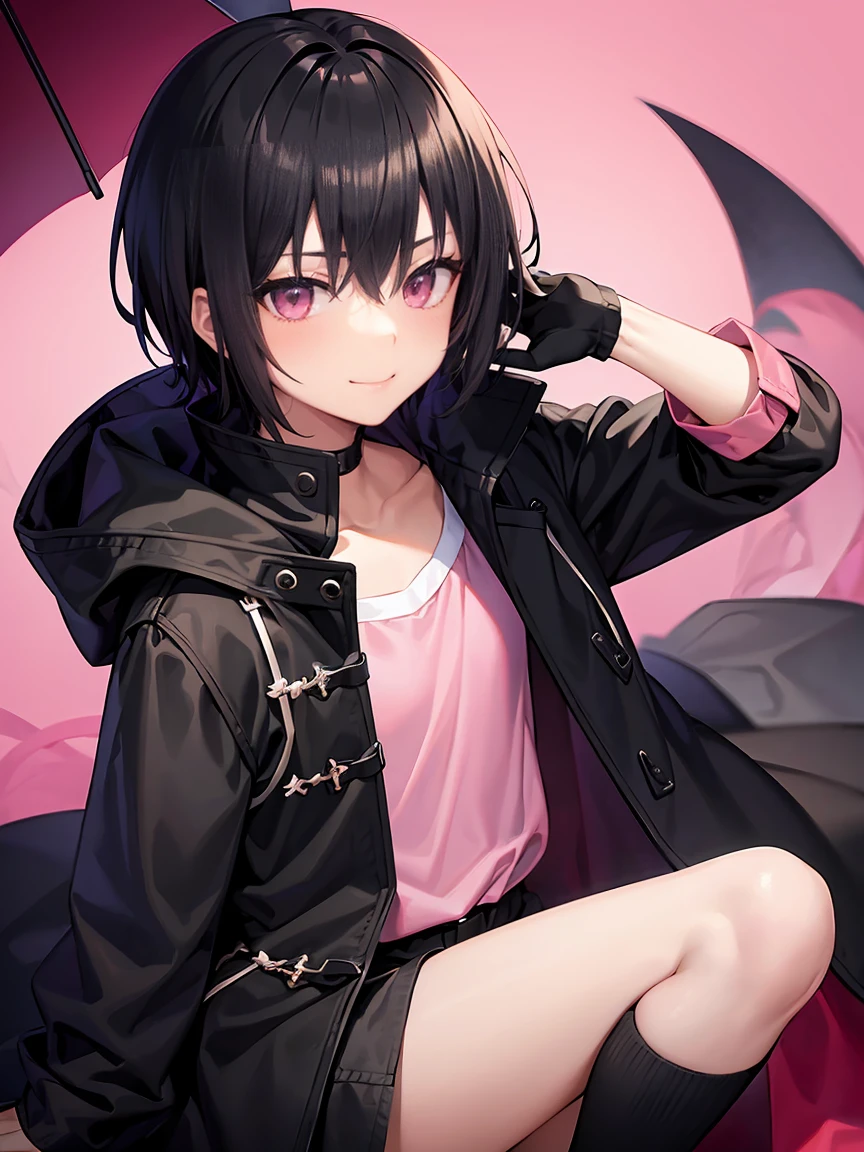 Short black hair、Pink eyes、Shota、male:1.5、solo、jet black duffle coat、Black clothing、Wicked Smile、Black trousers