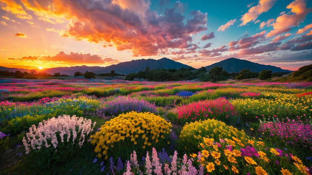 You can watch a beautiful sunset, The hills are covered with flowers and plants., Flowers are nearby, Colorful Sky, Surreal colors, Colorful sunset, Colorful Sky, Beautiful skyの反射, Beautiful sky, Fantastic atmosphere 8K, Multicolored clouds, Colors reflected in the lake, Surreal Sky, Red and blue reflections, Fire Reflection, Beautiful sky, beautiful and spectacular sunset, Beautiful dream landscape, Beautiful sky
