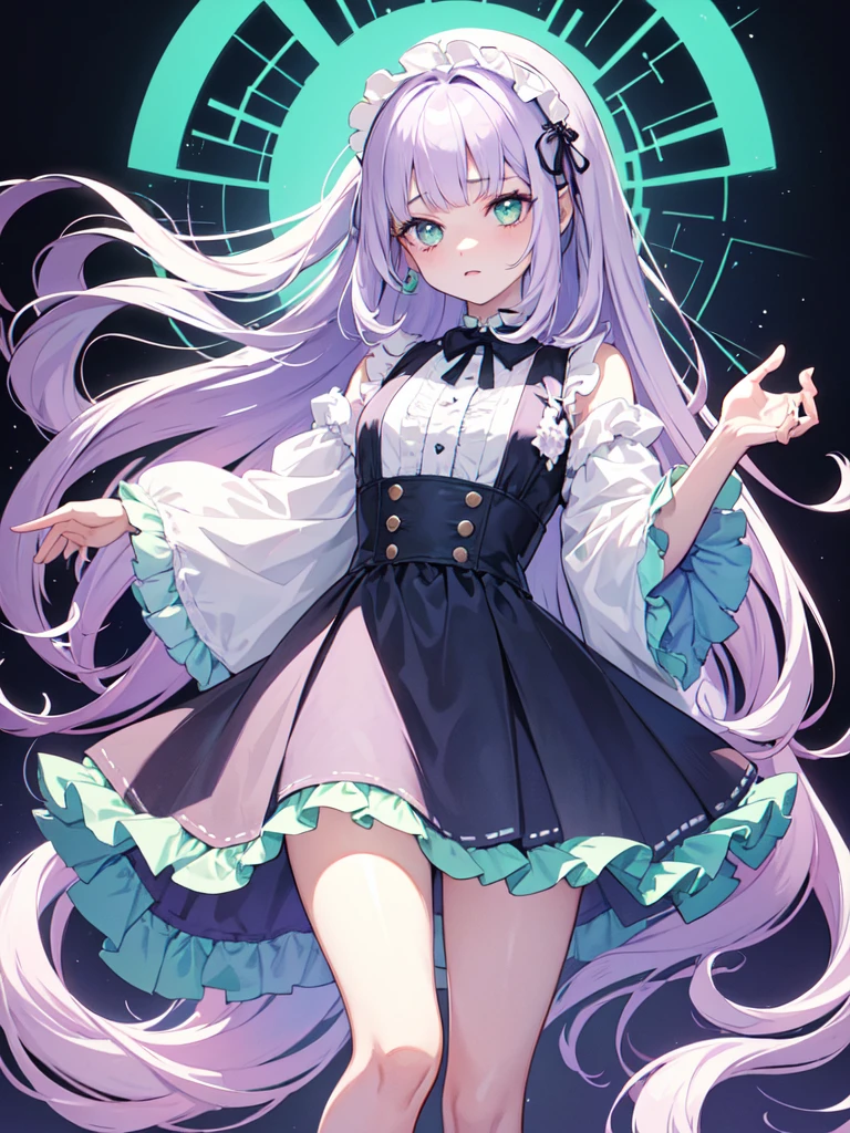 Maid clothes,sketch (Character design sheet, same characters, whole body, Three-View, front, ~ ~ ~ side, return),(Very bright:1.1), White Background, [1 Girl:7], (Tilt your head:1.2), ([sketch|watercolor \(Moderate\)]:1.15),full body, Full bangs,(Full bangs, Straight bangs, The bangs are aligned diagonally), （Gradient braided hair, (Light purple hair), (Ink blotches:1.1), (pale:1.2),(Light purple:1.2),(Light green:1.2)）　and full body, Artistic elements add depth to the work. The overall atmosphere is creepy and nightmarish..., With a unique artistic touch. This movie is、The dark and crazy world of horror movies depicted in HD., Evoke visual stimuli and aesthetic sense, It will terrify and excite the audience....,watercolor画, （Lightless, Eyes without highlights, Evil Eye, A bad looking person with white eyes, It&#39;s a red eyeliner）,whole body絵, Maid clothesを着ている and （Mature face,tall, Wearing black tights,Green Eyes, The skin is hidden　and maid, The background is a dark and desolate landscape, Horror movie atmosphere. Her figure is extremely beautiful, Emphasizing the dark and crazy elements. Skillfully expressing the effects of light and shadow, detailed, The face and expression of the black costume are also carefully drawn.