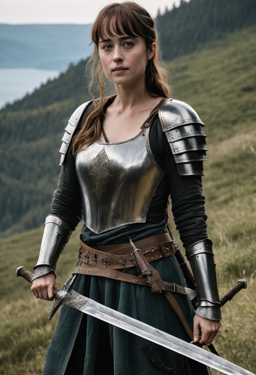 Dakota Johnson is a beautiful medieval warrior in her rustic leather attire and light armor. She is wielding a longsword in her right hand.