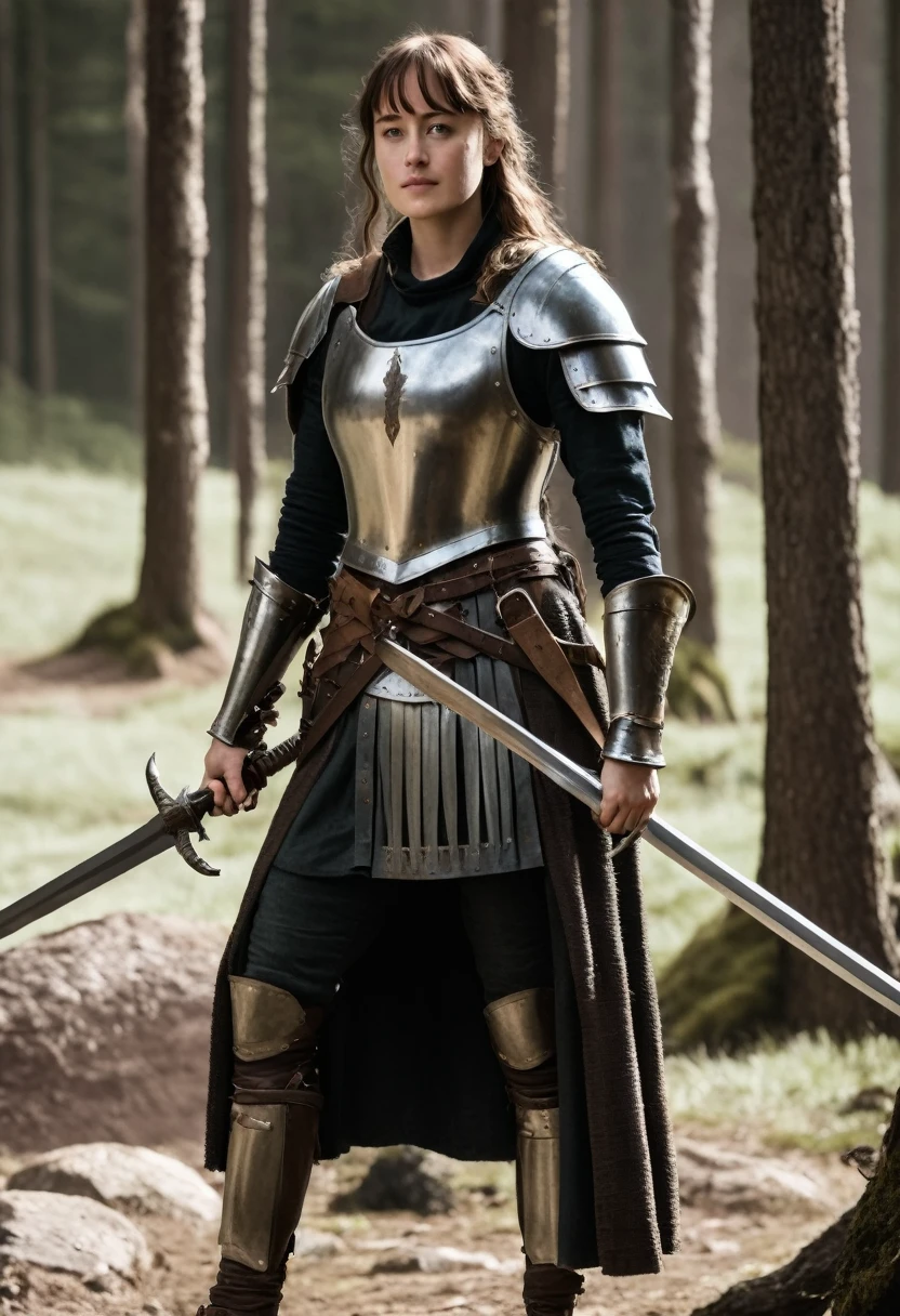 Dakota Johnson is a beautiful medieval warrior in her rustic leather attire and light armor. She is wielding a longsword in her right hand.