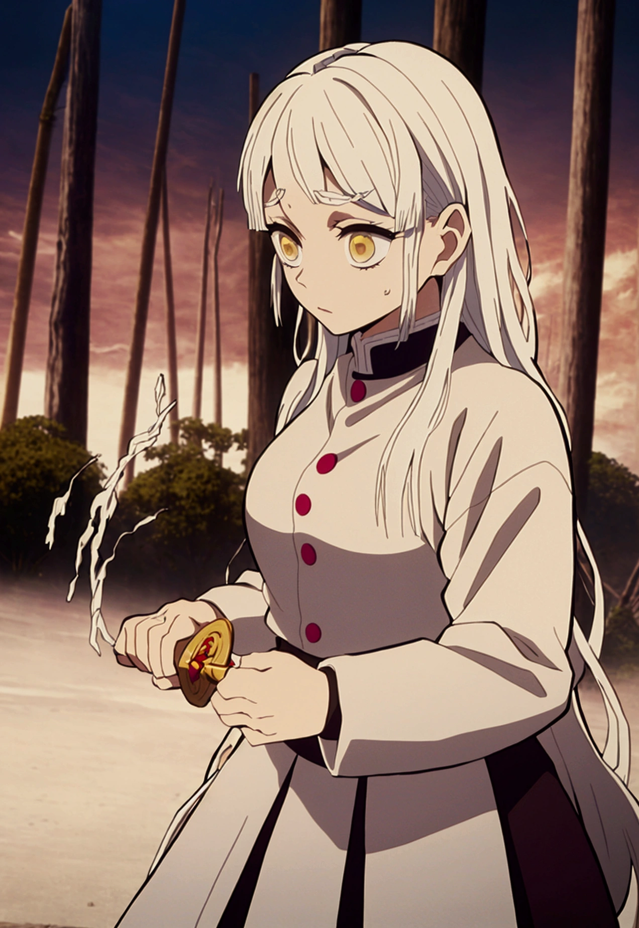 Masterpiece, Best quality, young woman、Kimetsu no Yaiba style、hashira uniform、white hair、long hair、white hair、hashira uniform、yellow eyes、nervous、sweating、running fast、holding sword、 panic、dusty landscape、behind collapsed house、trees、dawn、 close-up、black skirt、at night、