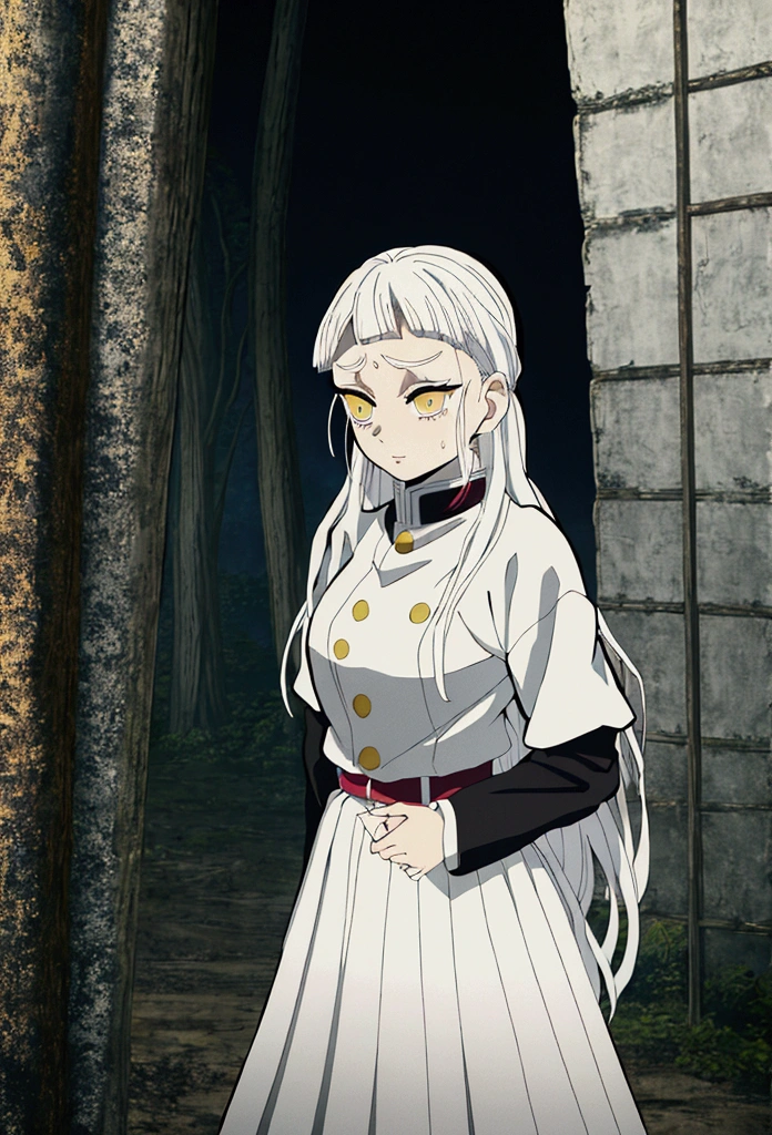 Masterpiece, Best quality, young woman、Kimetsu no Yaiba style、hashira uniform、white hair、long hair、white hair、hashira uniform、yellow eyes、nervous、sweating、running fast、holding sword、 panic、dusty landscape、behind collapsed house、trees、dawn、 close-up、black skirt、at night、