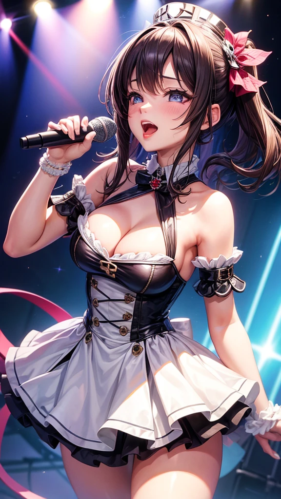 A pretty, naughty, busty idol singing with a microphone