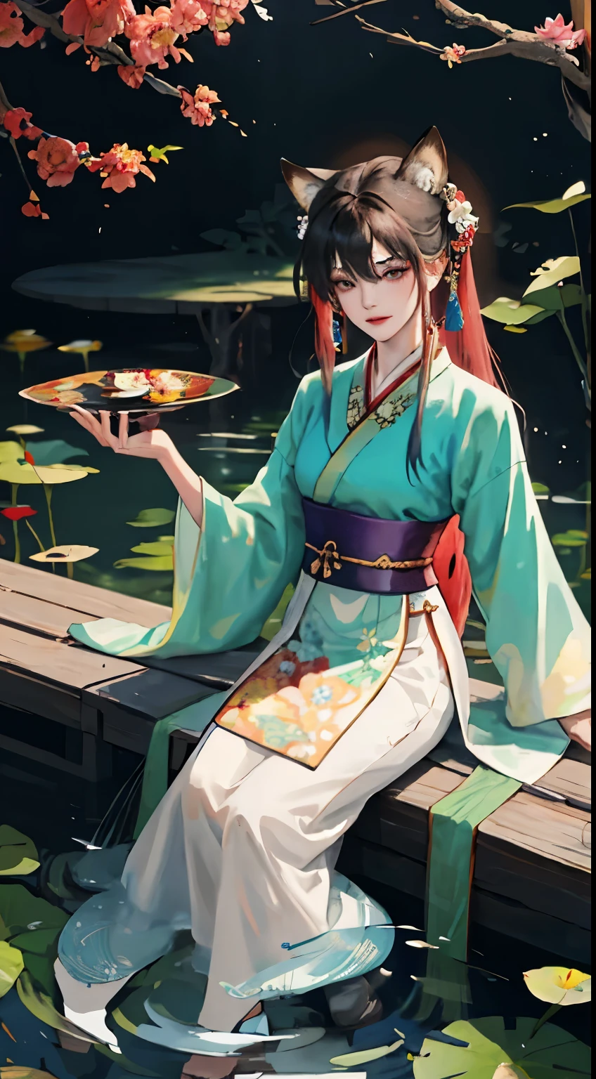 absurd, high resolution, Extremely detailed, (1 Girl:1.3), Hand Painted, Simple lines, wearing colorful Chinese Hanfu, Sexy fox ears girl, By the lotus pond, masterpiece, sitting in water, Floating clothes, Flowing hair