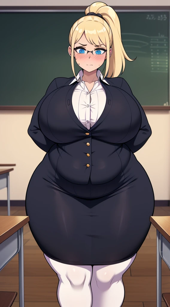 , ((highres)),Masterpiece, high quality, best quality, beautiful, perfect lighting, detailed face, ultra cute face, ((1girl)), ((solo), long blonde hair, ponytail, blue eyes, glasses, embarrassed look, masochist, aroused, ((blush)), looking at viewer, arms crossed, standing in a classroom, (classroom), daytime, dress shirt, pencil skirt, (tight clothes), ((chubby)), (thigh highs), (wide hips), ((thick thighs)), enormous massive gigantic big large fat absurde breasts, perky breasts, 24 year old female,
