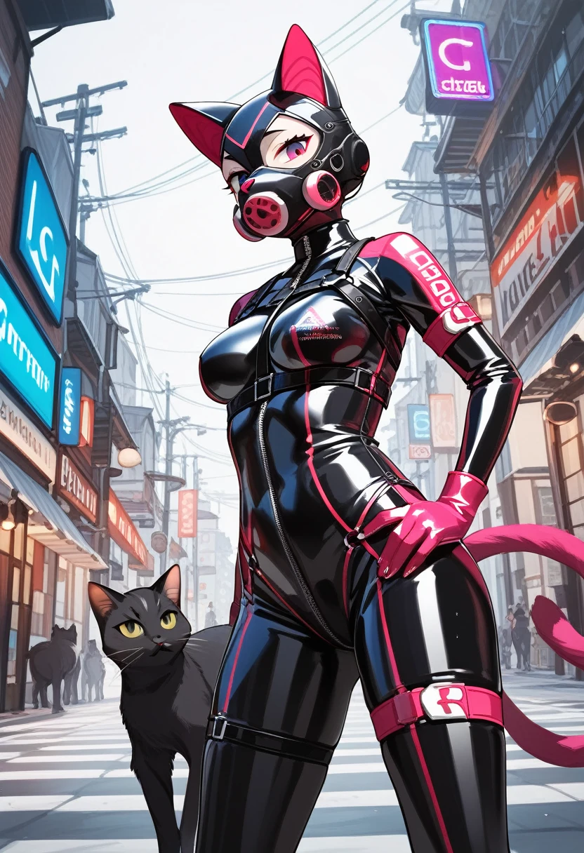 animation, Highest quality, Highest quality, High quality illustrations, masterpiece, Ultra-high resolution, Detailed Background, In town, Absurd, Perfect Anatomy, performance, Good lighting, Shadows in the movies(kemono, Furry PersonifiCation), Cat, Rubber suit, latex, neon, neonライト, neonカラー, Racing Suits, Cyber Suit, Harness, Leather Half Jacket, cyber punk, Rubber mask