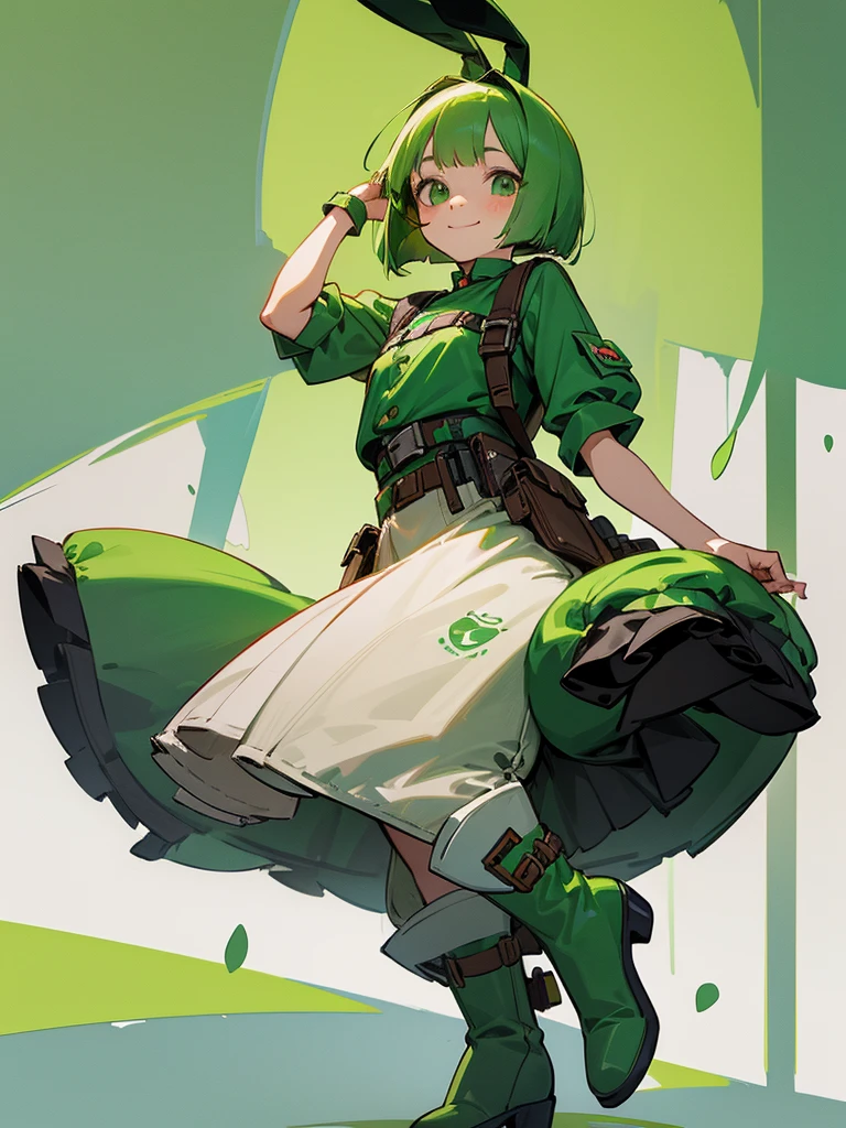 Green rabbit ears, green animal ears, a girl, bob cut, green hair, green eyes, look young, alone, short, tiny, ta, childhood, smile, overall, long bootbelt, waist bag, waist pouch, kawaii, cute, long boots, full body shot