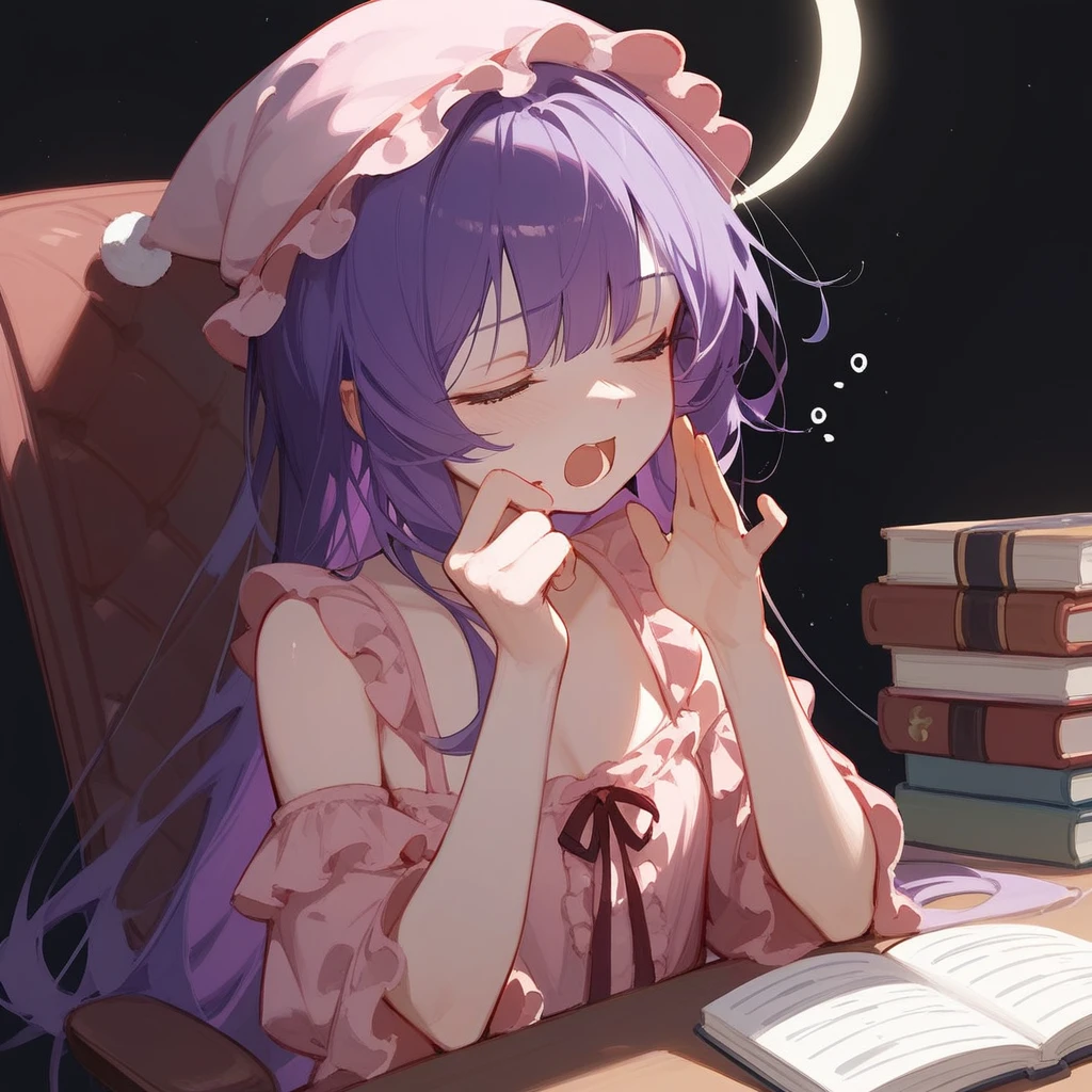 Purple Hair、Nightwear、pink frilly、Nightcap、Golden crescent moon decoration on hat、Long Hair、Lots of frills、Sleepy girl、Bring one hand close to your mouth、Yawn、rest one&#39;s chin on one&#39;s hand、Eyes that are a mix of purple and pink、Beautiful eyes、Piles of books、A lot of old books、Book on head、Sit on a chair、The right move