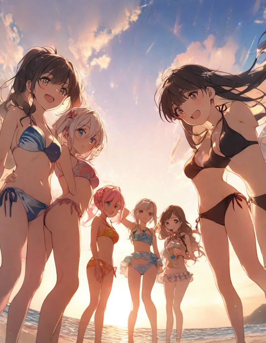 (5girls:1.4),side by side,beach,sunset,from below,swimsuit,bikini,