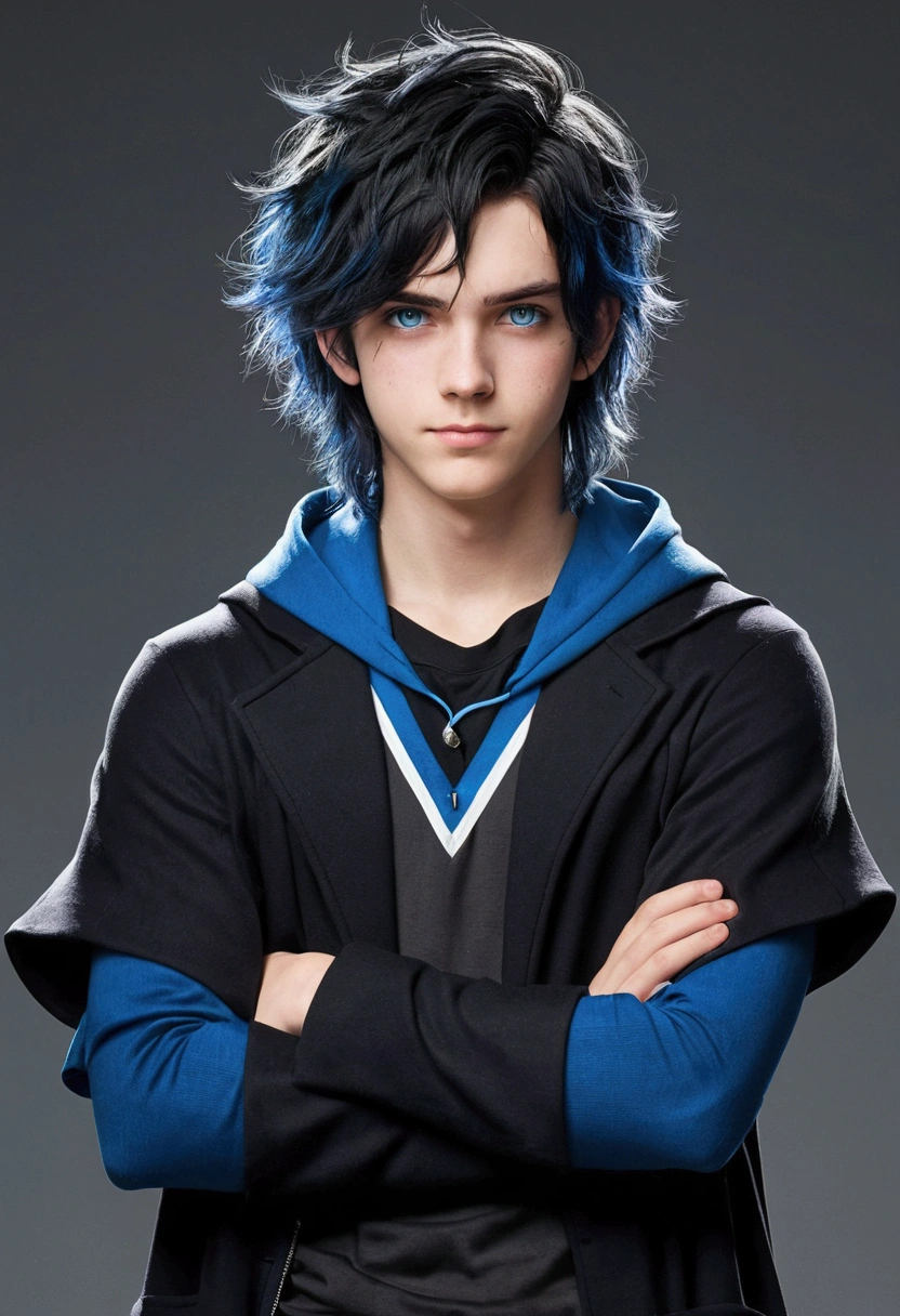 boy, Messy hair, long hair, multicolored blue and black hair, crossed arms, blue and black eyes, heterochromia, Simple smile, serious face, black jersey, dark blue detailed and wide short-sleeved overcoat, detailed black pants, electric aura around the character,