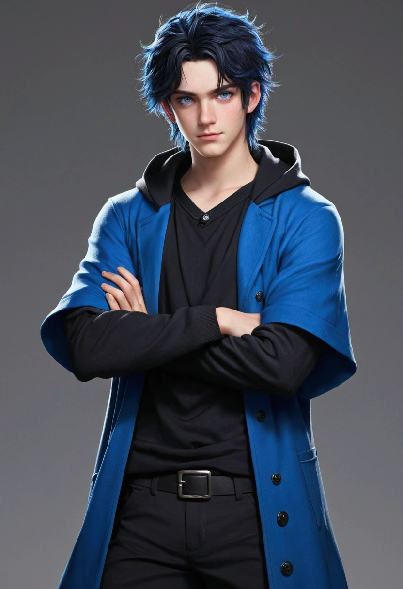 age boy, Messy hair, long hair, multicolored blue and black hair, crossed arms, blue and black eyes, heterochromia, Simple smile, serious face, black jersey, dark blue detailed and wide short-sleeved overcoat, detailed black pants, electric aura around the character,