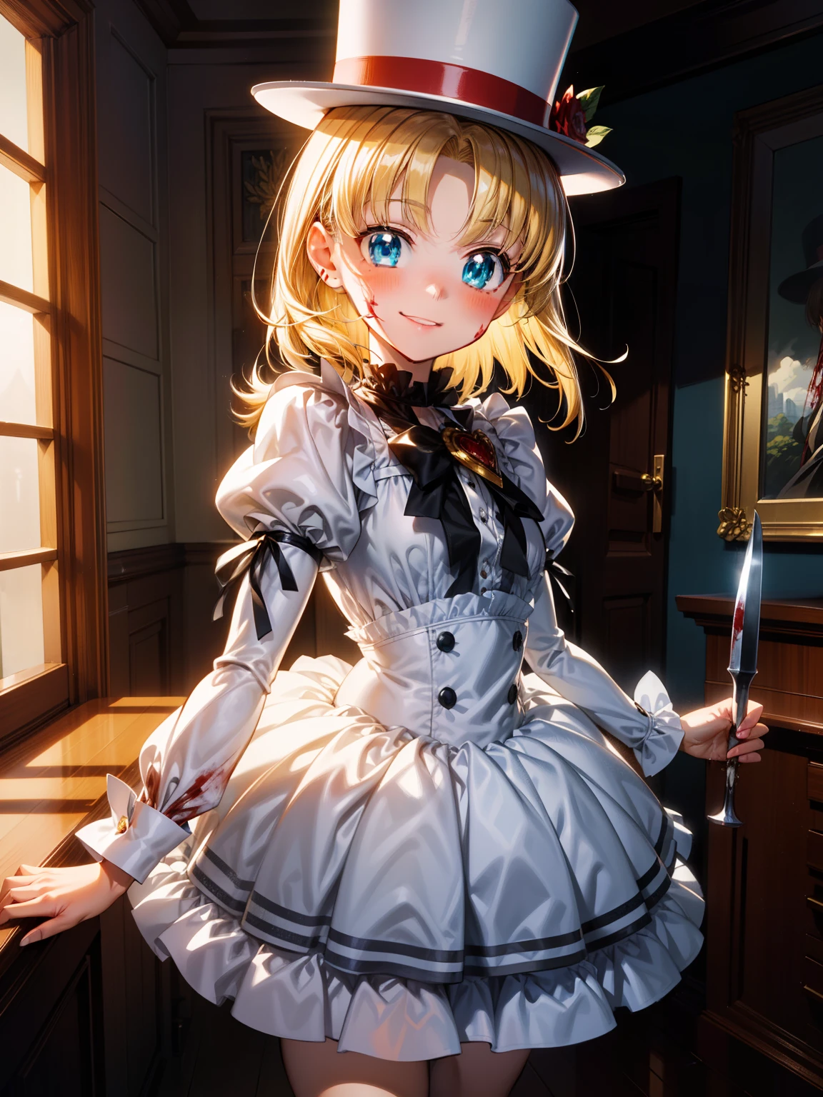 (masterpiece), (best quality), (ultra-detailed), (best illustration), (best shadow), (absurdres), (detailed background), (very aesthetic), shiny, detailed eyes, outstanding, countershading, detailed soft lighting, an exquisite animation illustration, high resolution, unity 8k wallpaper, (illustration), anime style, source_anime, cute, anime, (high quality, detailed, beautiful), anime screencap, anime coloring, side lighting, shiny luminous, (1girl, solo), nadja, heart brooch, jewelry, blonde hair, side ponytail, (blue eyes:1.5), long hair, (small breast:1.2), (hair ribbon, Juliet sleeves, long sleeves, puffy sleeves, white dress:1.5, frills, top hat, black top hat, hat, hat flower,) looking at viewer, shaded face, smile, blush, (blood, blood on arm, blood on face, blood on clothes, blood on hands), holding knife, indoor, fantasy