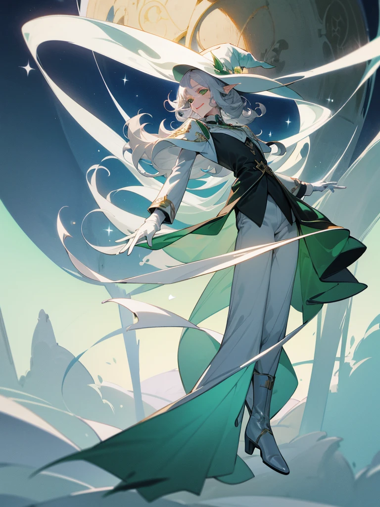 elf, silver hair,l ong hair, medium cut, curly hair,green eyes,slender,fair skin,White gloves,Smile,Mediovale, smart, laughing, hazy Solo, atmosphere, fantasy, Tuxedo, wizard hat, long boots ,Main Character, pants, face, full body shot
