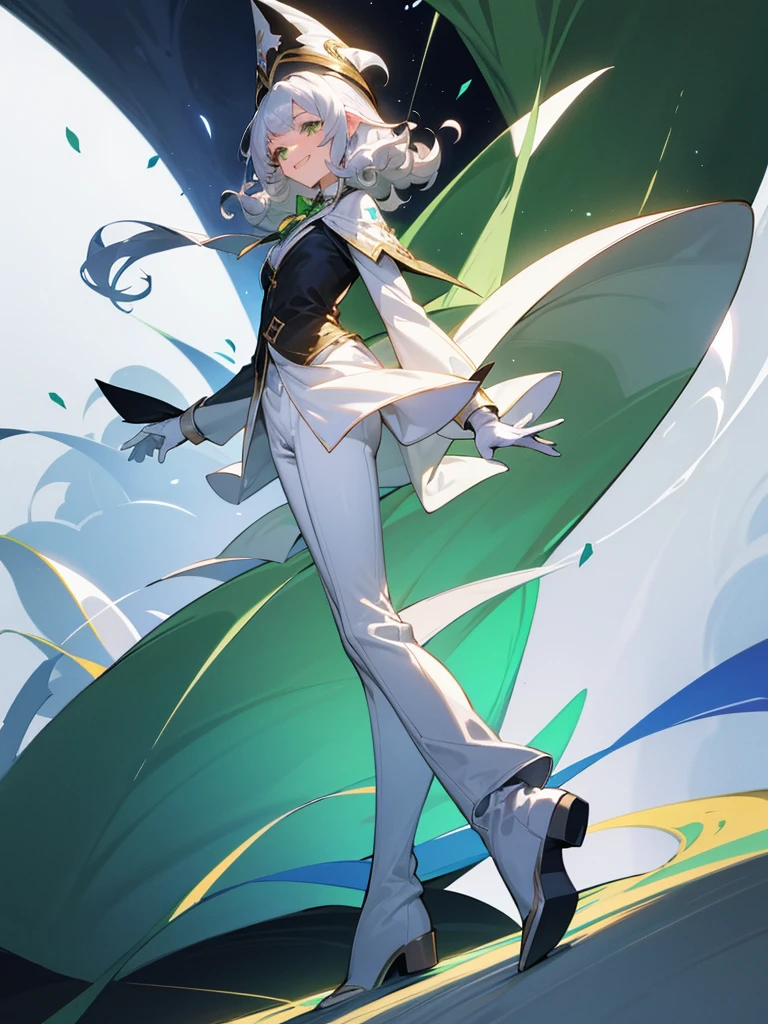 elf, silver hair,l ong hair, medium cut, curly hair,green eyes,slender,fair skin,White gloves,Smile,Mediovale, smart, laughing, hazy Solo, atmosphere, fantasy, Tuxedo, wizard hat, long boots ,Main Character, pants, face, full body shot
