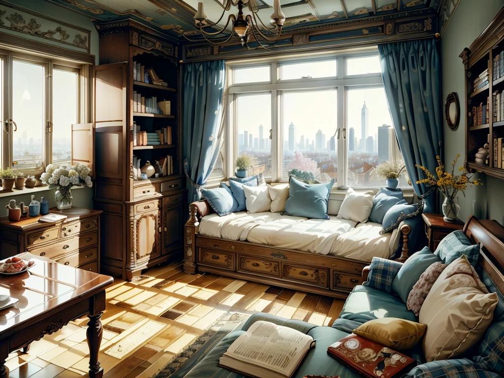 8K picture quality，best quality，masterpiece，HD，Super rich detail，detailed，Cosy bedroom，Big windows，Floor-to-ceiling windows，Big bed，notebook，There is a cabinet next to it，There are chairs，There are flowers，There is a wardrobe，Bookcase bookshelf many books，There is a sofa，There is a table and chairs，There are a lot of books，There was a full queen size bed，The body is very comfortable，extremely clean，Very informative，Big windows，超大Floor-to-ceiling windows，Outside the window is the scenery of high-rise buildings and city streets