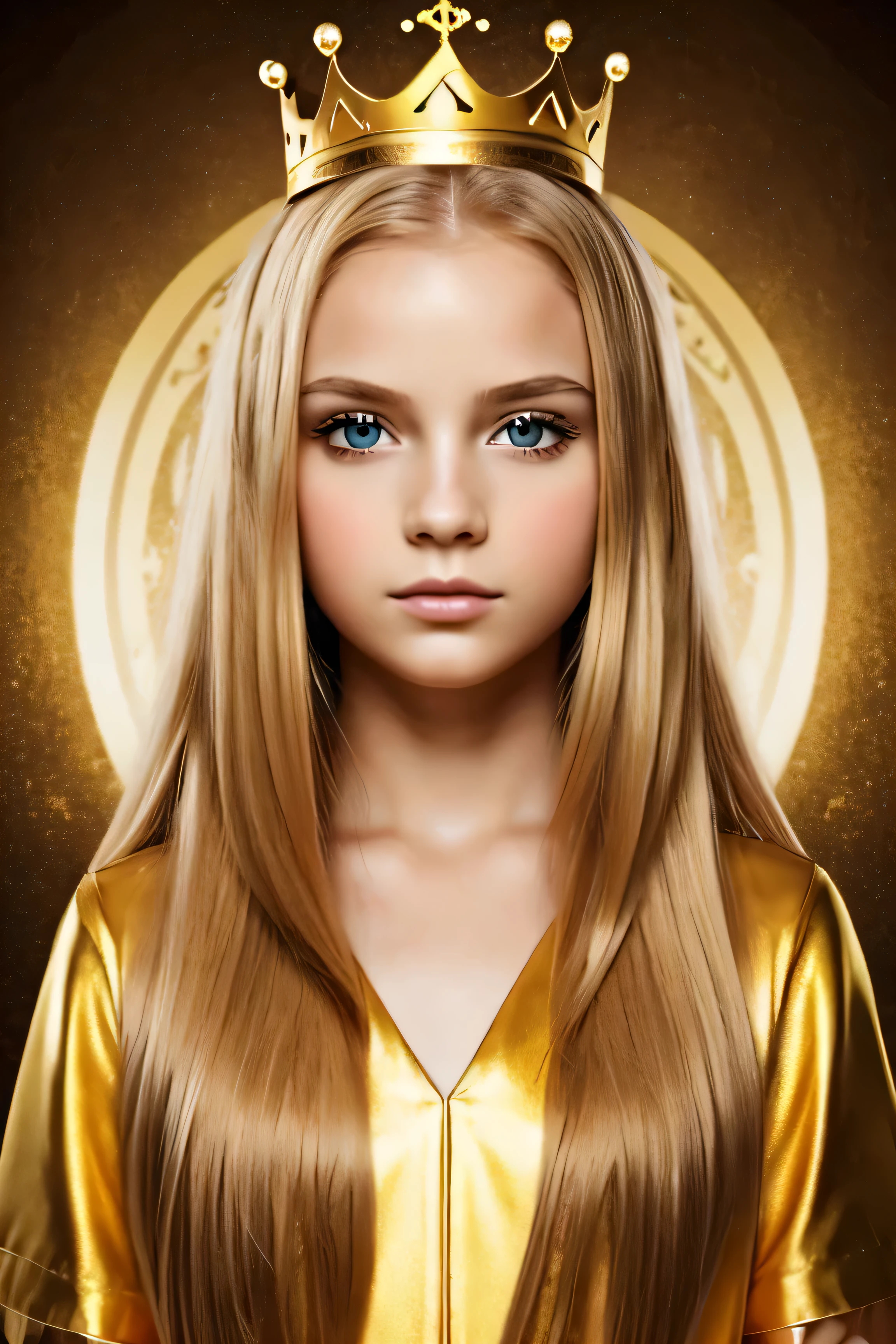 Create a girl in art form with golden hair, golden eyes and with a crown on his head with the number 520 written on it