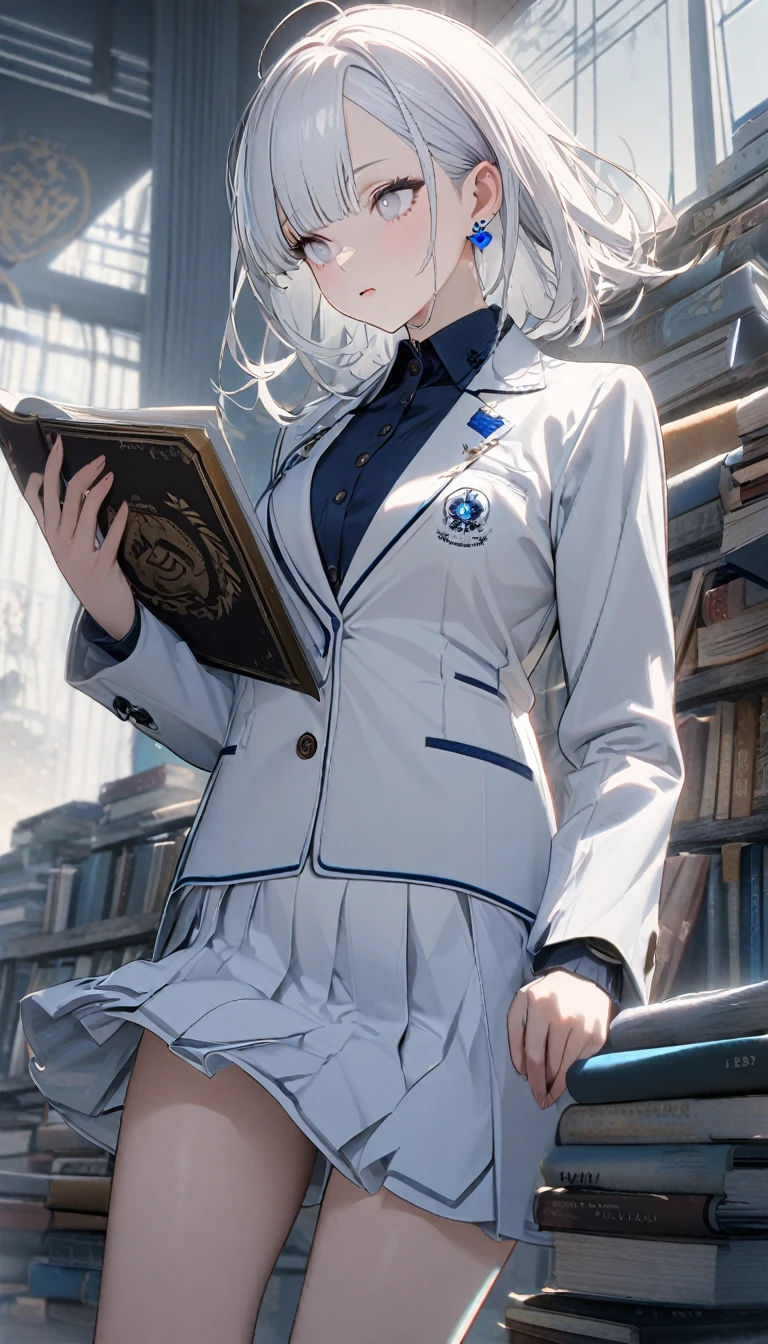 1girl,albino,snow white hair,white eyes,,white blazer with logo ,white skirt,perfect lean body, books,calm,white beanie,blue earrings,8k,high definition ,