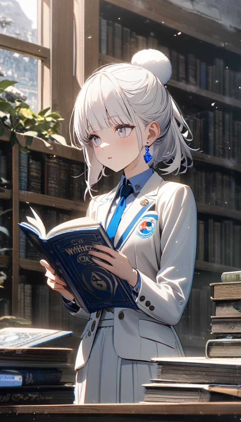 1girl,albino,snow white hair,white eyes,,white blazer with logo ,white skirt,perfect lean body, books,calm,white beanie,blue earrings,8k,high definition ,