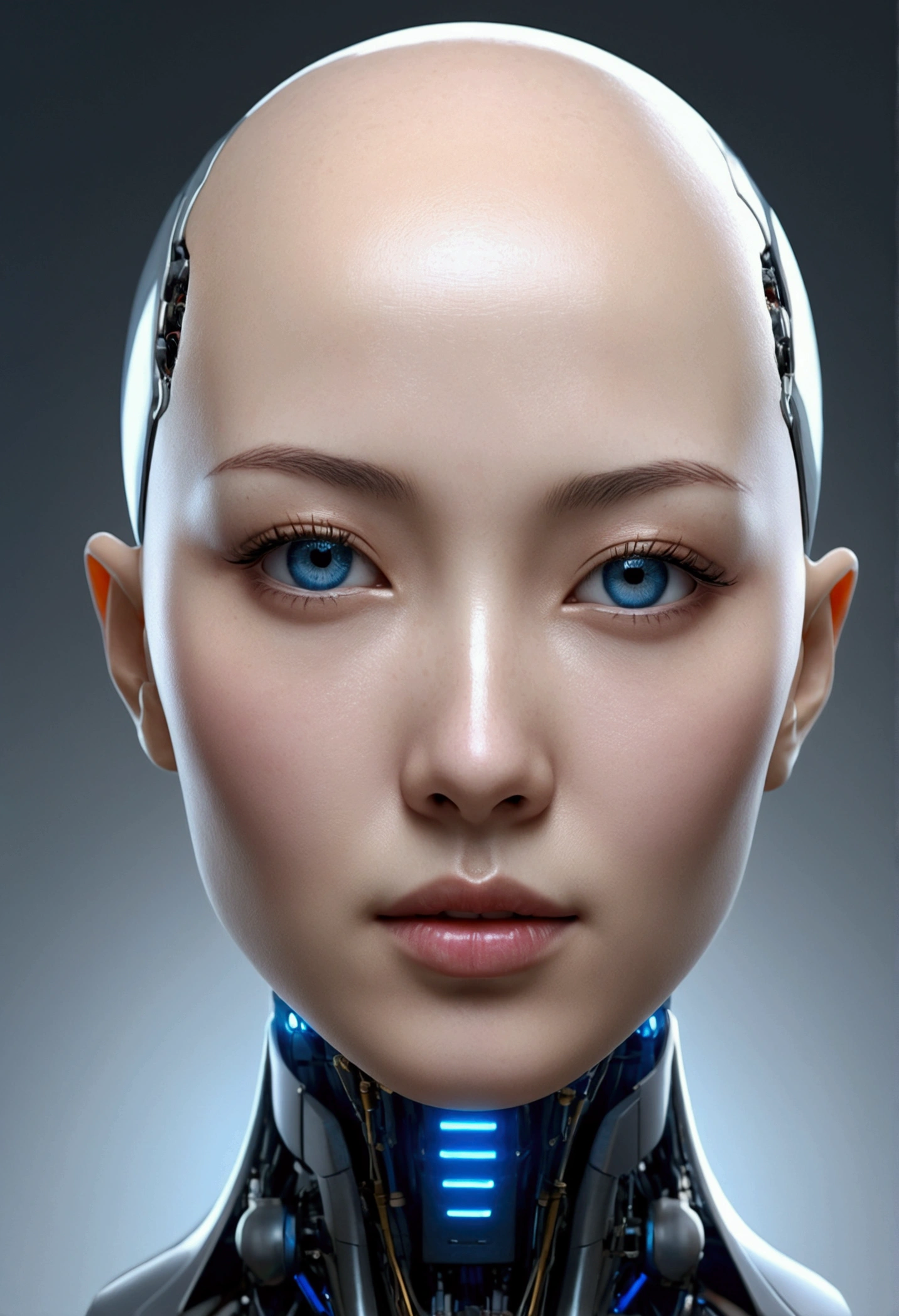 Top quality 8K ultra high definition work, masterpiece: 1.3, sharp focus: 1.2. One robot, the face is a human bald woman. complex 3d render ultra detailed of a beautiful porcelain skin head asian girl with blue eyes profile android perfect symetry face, Facing the camera、cyborgs, roboticparts, 150mm, beautiful studio soft light Go to top, Hyper Realistic, anatomically,
