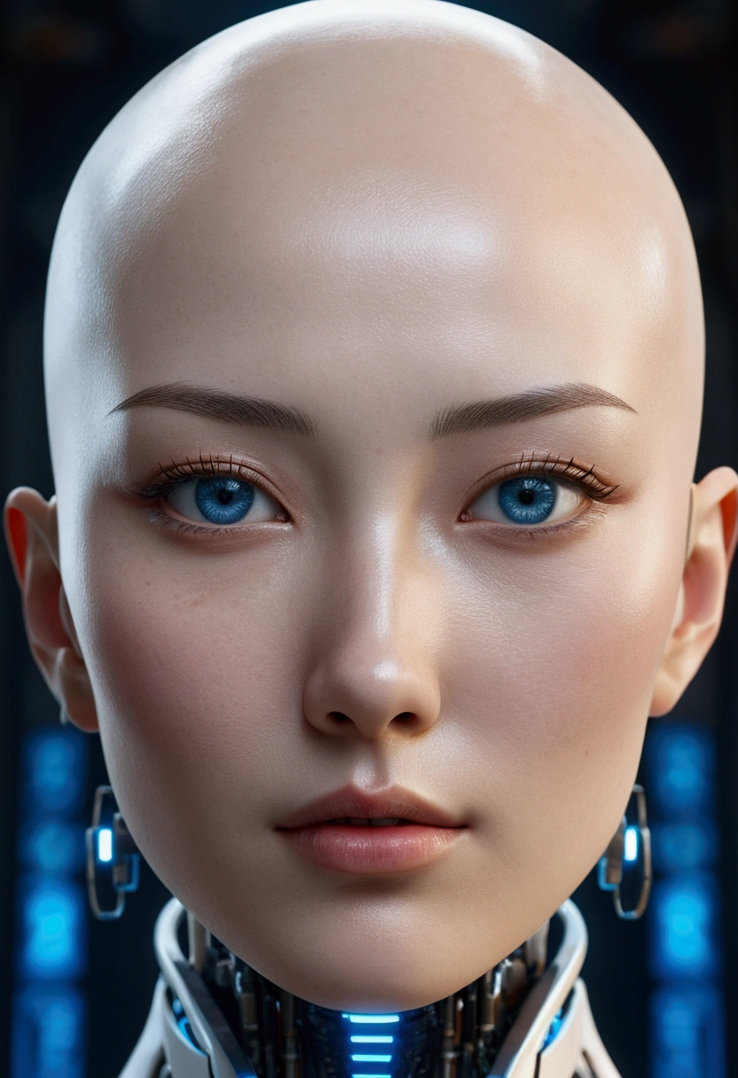 Top quality 8K ultra high definition work, masterpiece: 1.3, sharp focus: 1.2. One robot, the face is a human bald woman. complex 3d render ultra detailed of a beautiful porcelain skin head asian girl with blue eyes profile android perfect symetry face, Facing the camera、cyborgs, roboticparts, 150mm, beautiful studio soft light Go to top, Hyper Realistic, anatomically,