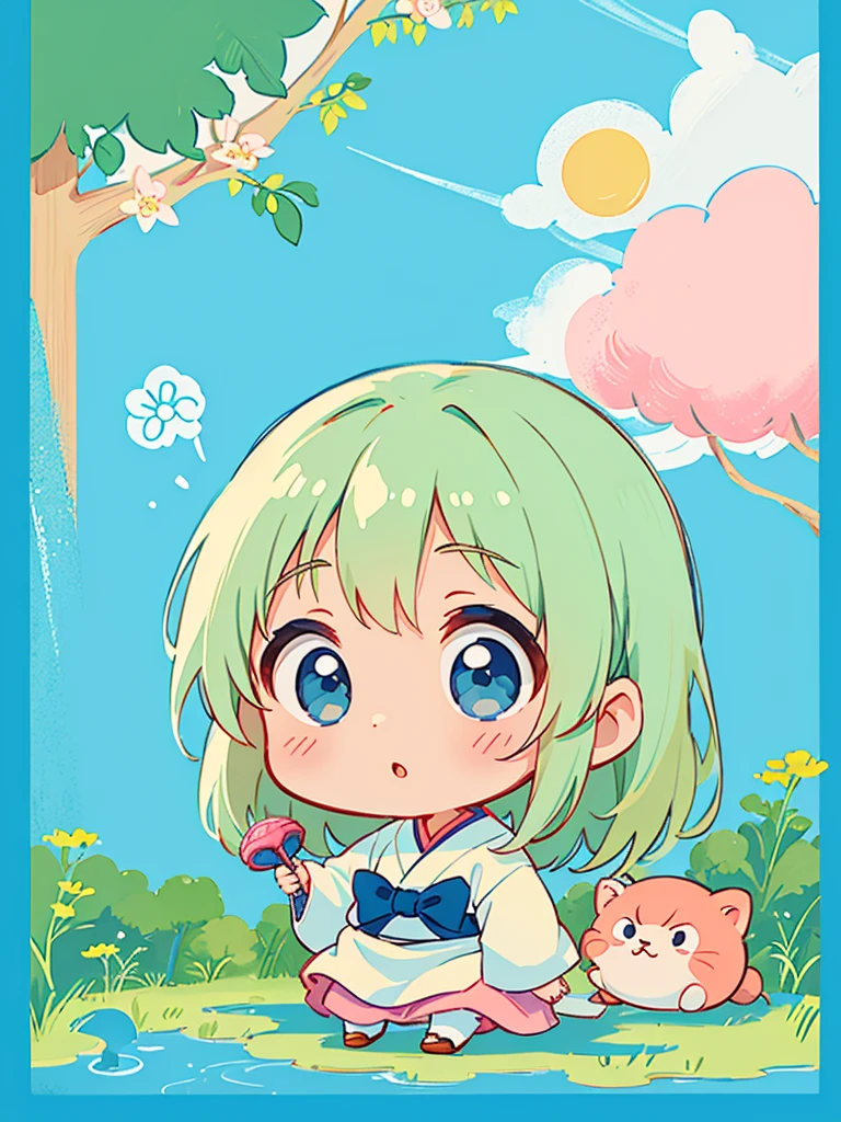 hayao miyazaki style, Kawaii Design, The most beautiful girl of all time、Chibi, (((ニュースレポーター))), (((机の上にマイク))),