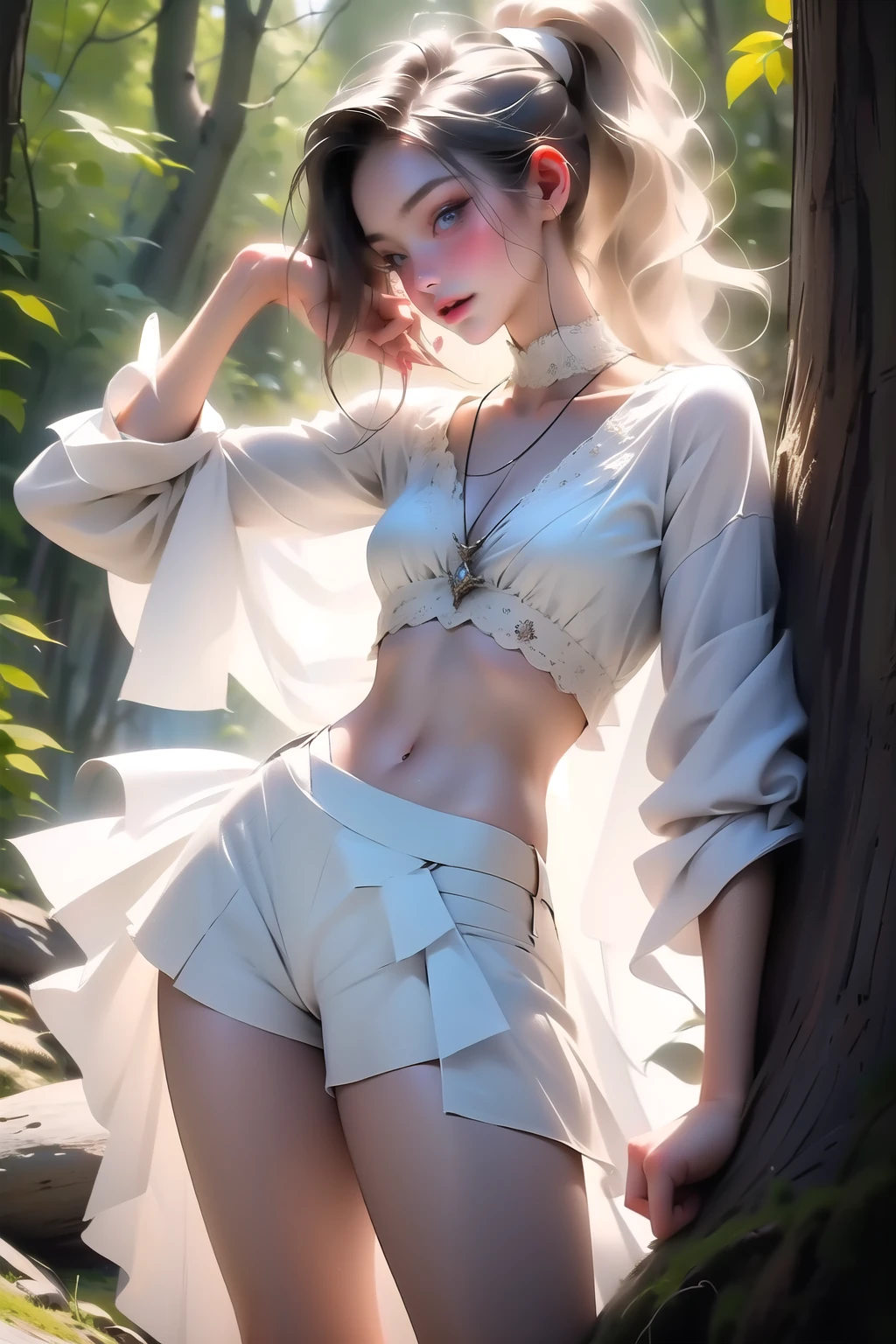  ((best quality)), ((masterpiece)), (detailed), Beautiful 12 year old western girl, ((young girl, very young, ************)), long hair, pale skin, thin, collarbone, In a forest, wild clothes, NSFW, small breasts, prominent collarbones, skinny arms, flat stomach, visible hip bones, long hair, red hair, white hair, blonde hair, dark hair, ponytail, thick ponytail, blush, NSFW Fluttering lace frilly petticoats, pleated petticoats、((from adove)) 