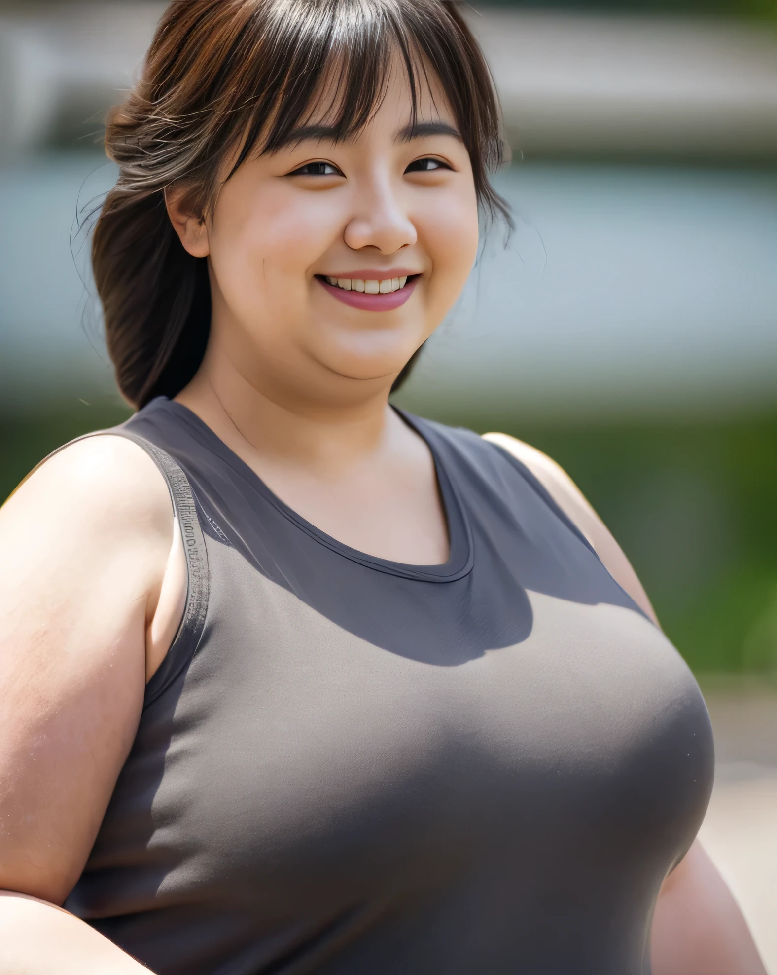 ((8K)), highest quality, 超High resolution, (Surreal)、(High resolution), 1 girl, Japanese, ((gray sleeveless shirt)), Overweight, Extremely fat, Chubby, ((Chuckle-Smile))