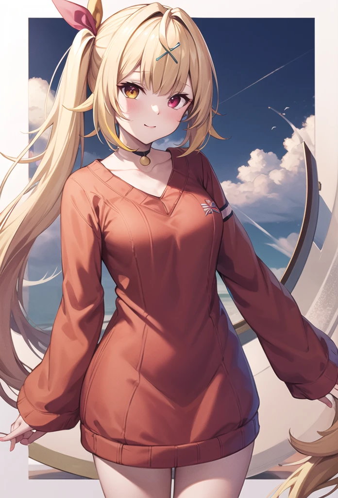 masterpiece, Highest quality, High resolution, HS1, Red eyes, Yellow Eyes, Side Ponytail, x Hair accessories,Pink is good,Hair Ribbon, Gray Knit Sweater Dress,V-neck,long sleeve bodycon dress,Moe sleeves,